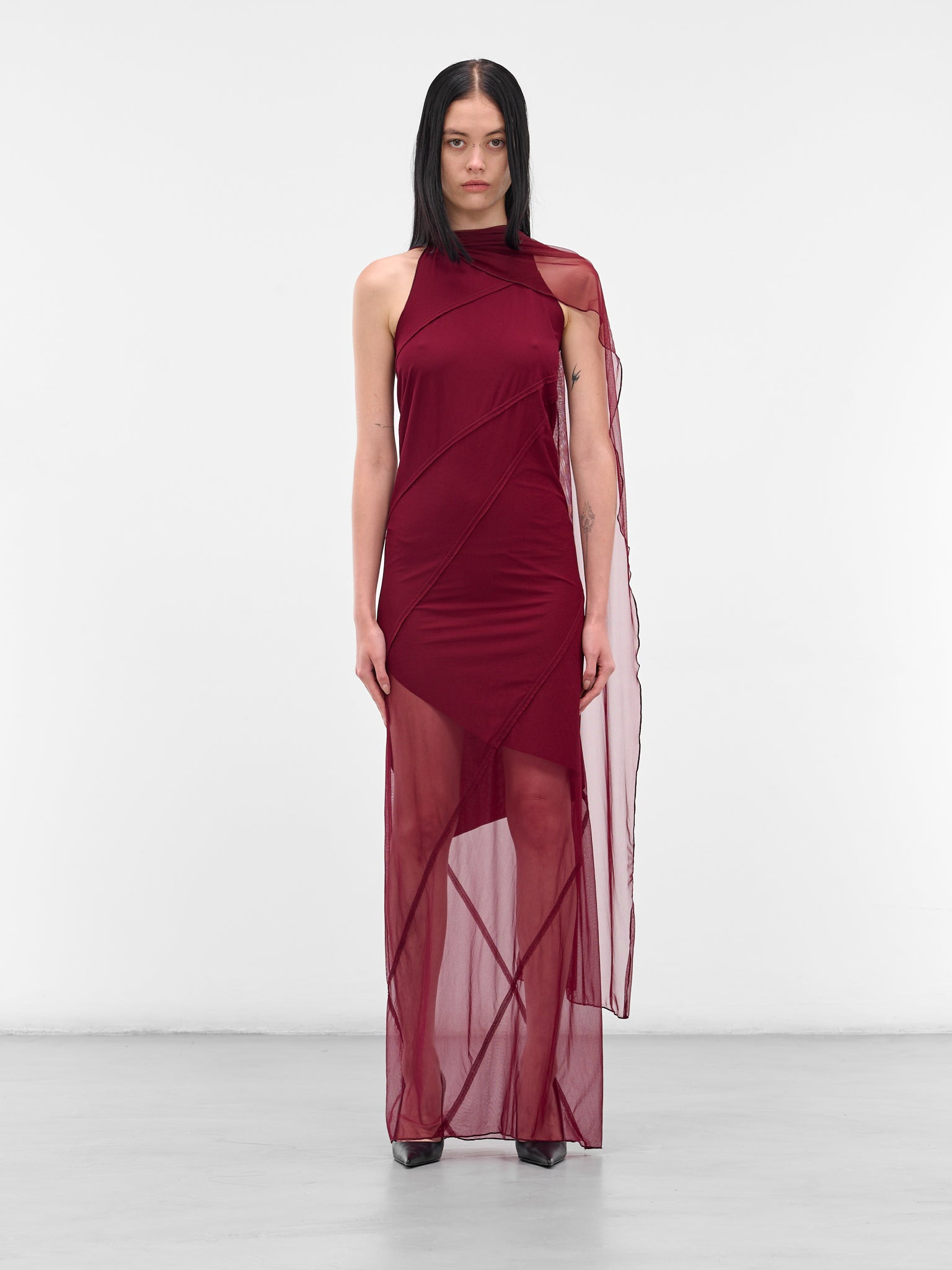 Red Mesh Shawl Maxi Dress - 1