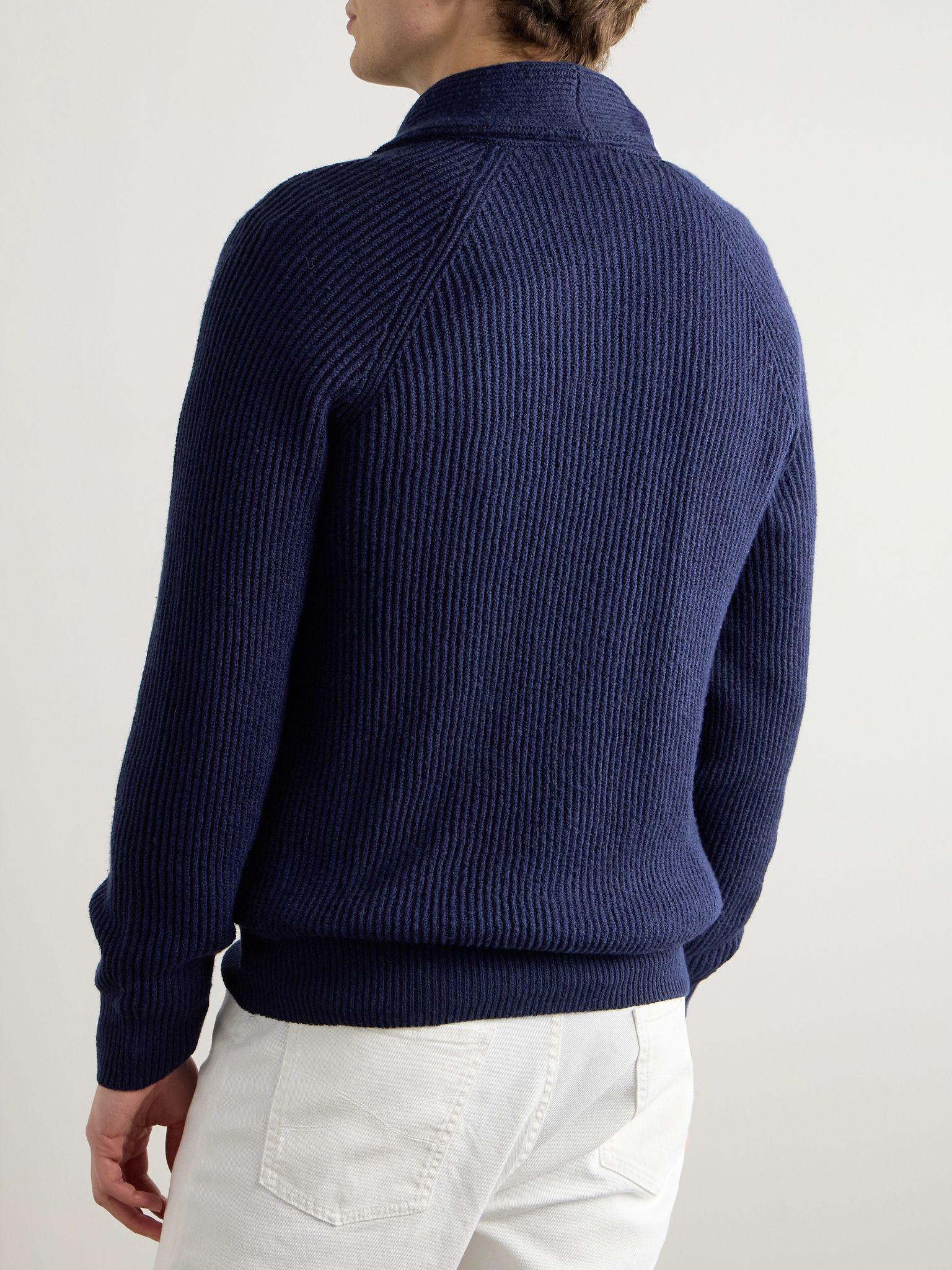 Shawl-Collar Ribbed Cotton Cardigan Navy - 4
