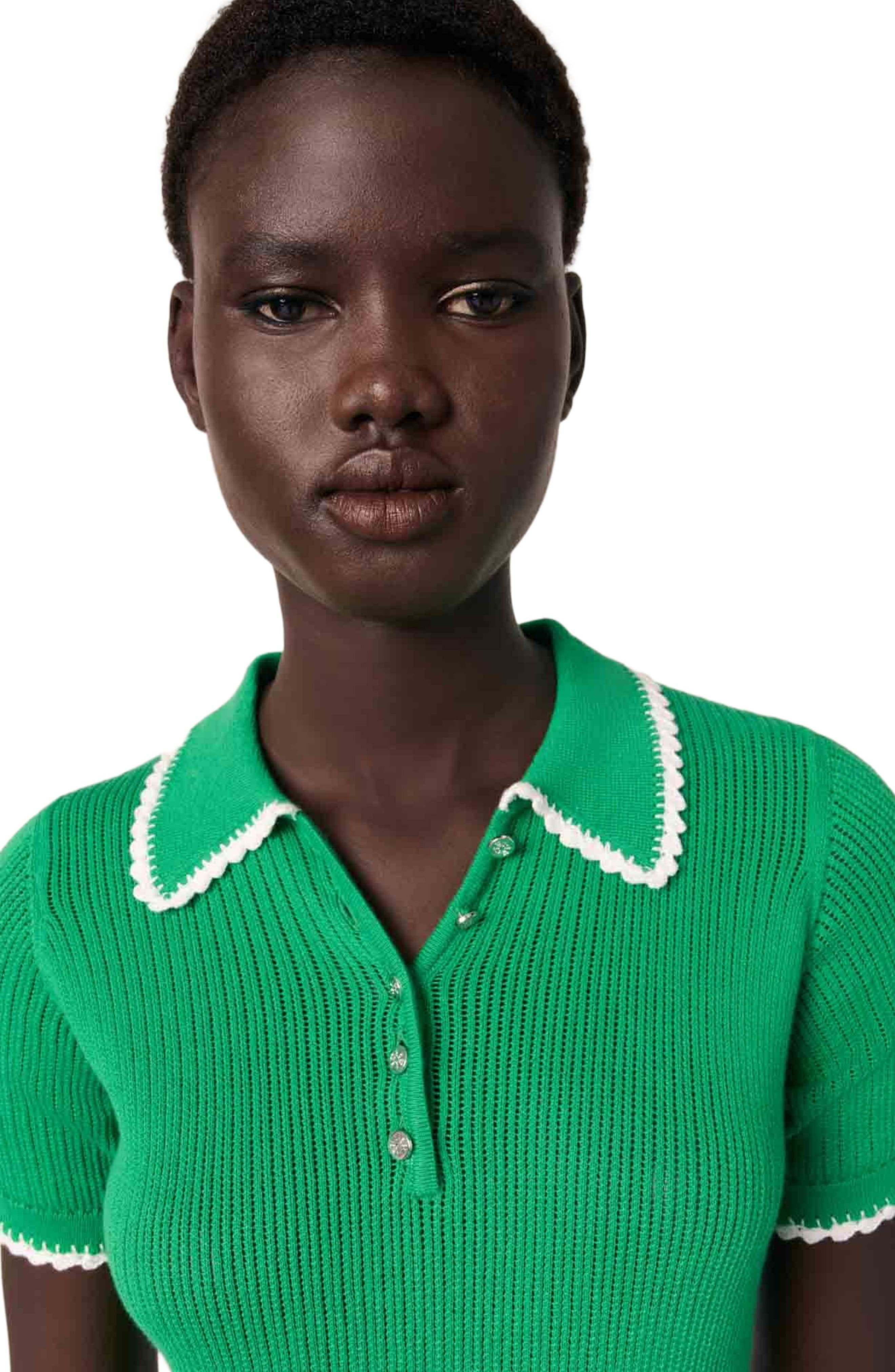 maje Pointelle knit crochet polo in Green /White at Nordstrom - 7