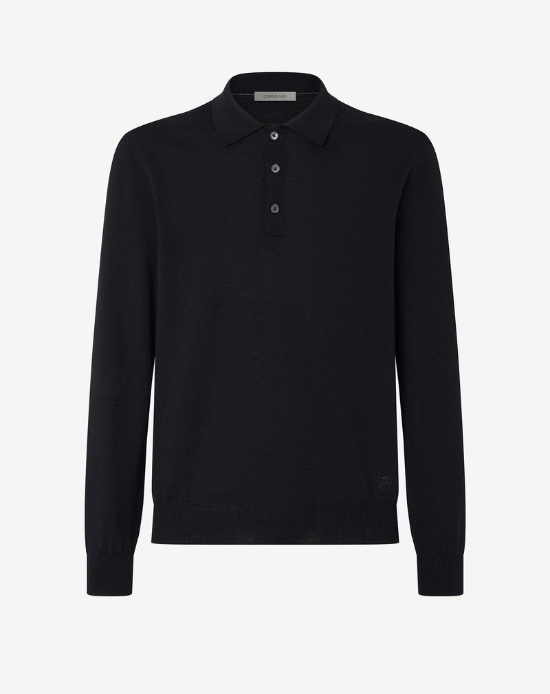 Black extra fine merino wool button-up polo 1