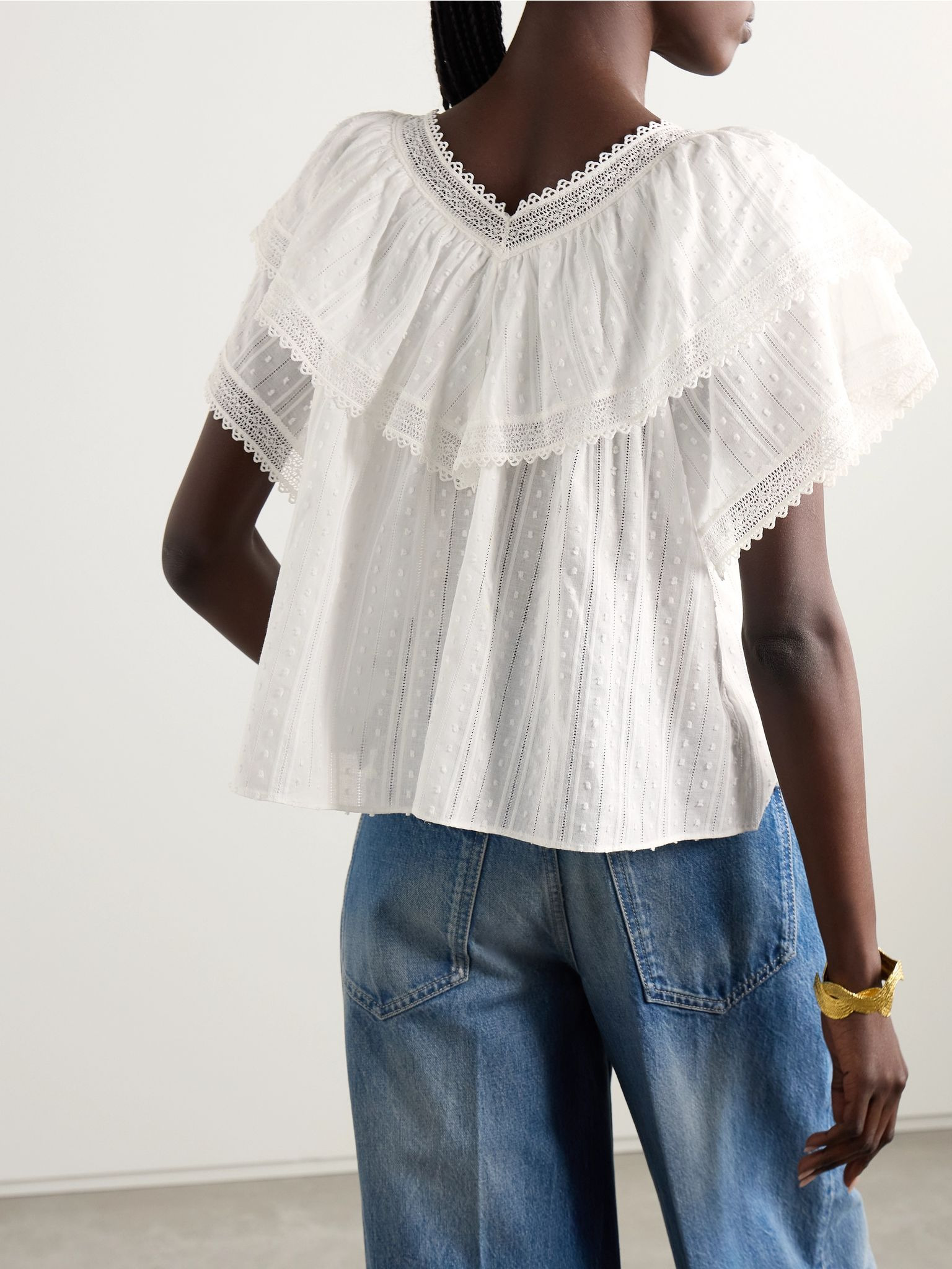 Cosenza ruffled crochet-trimmed fil coupé cotton-voile blouse White - 4