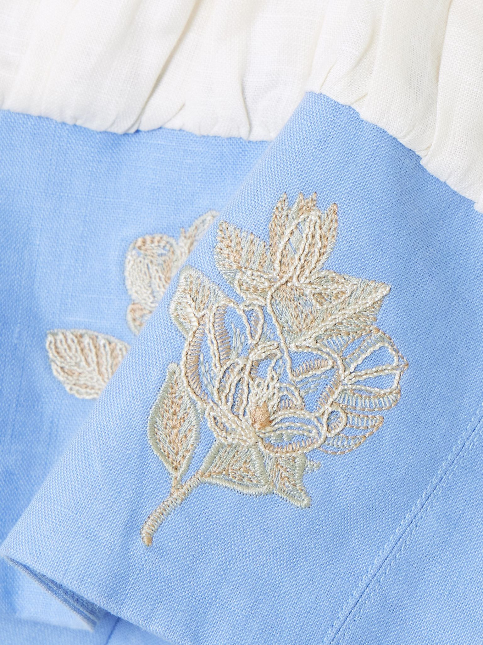 Pimienta Madera cropped off-the-shoulder ruffled embroidered linen top Blue - 4