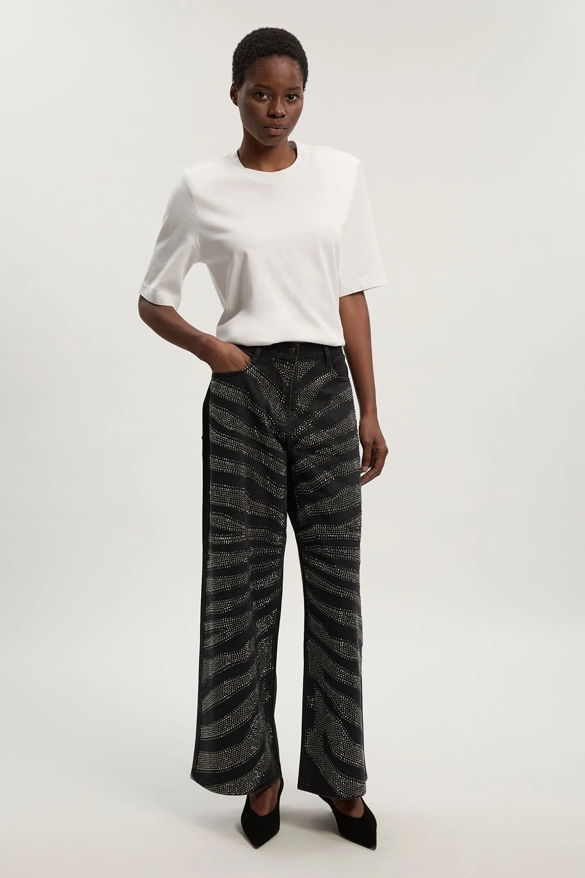 Denim Zebra Printed Hotfix Wide Leg Jeans - 1