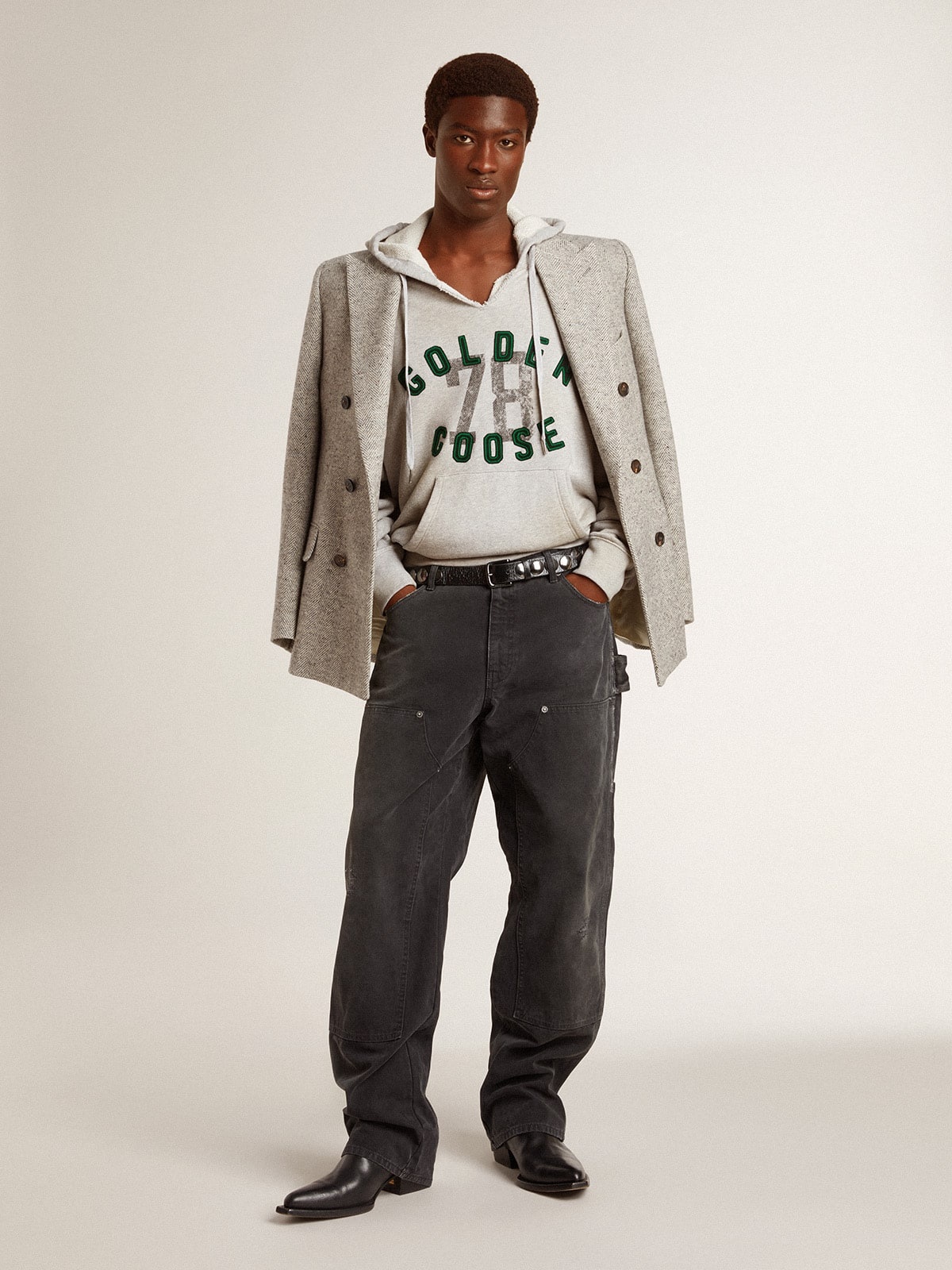 Men's double-breasted jacket in gray silk and chevron wool - 3