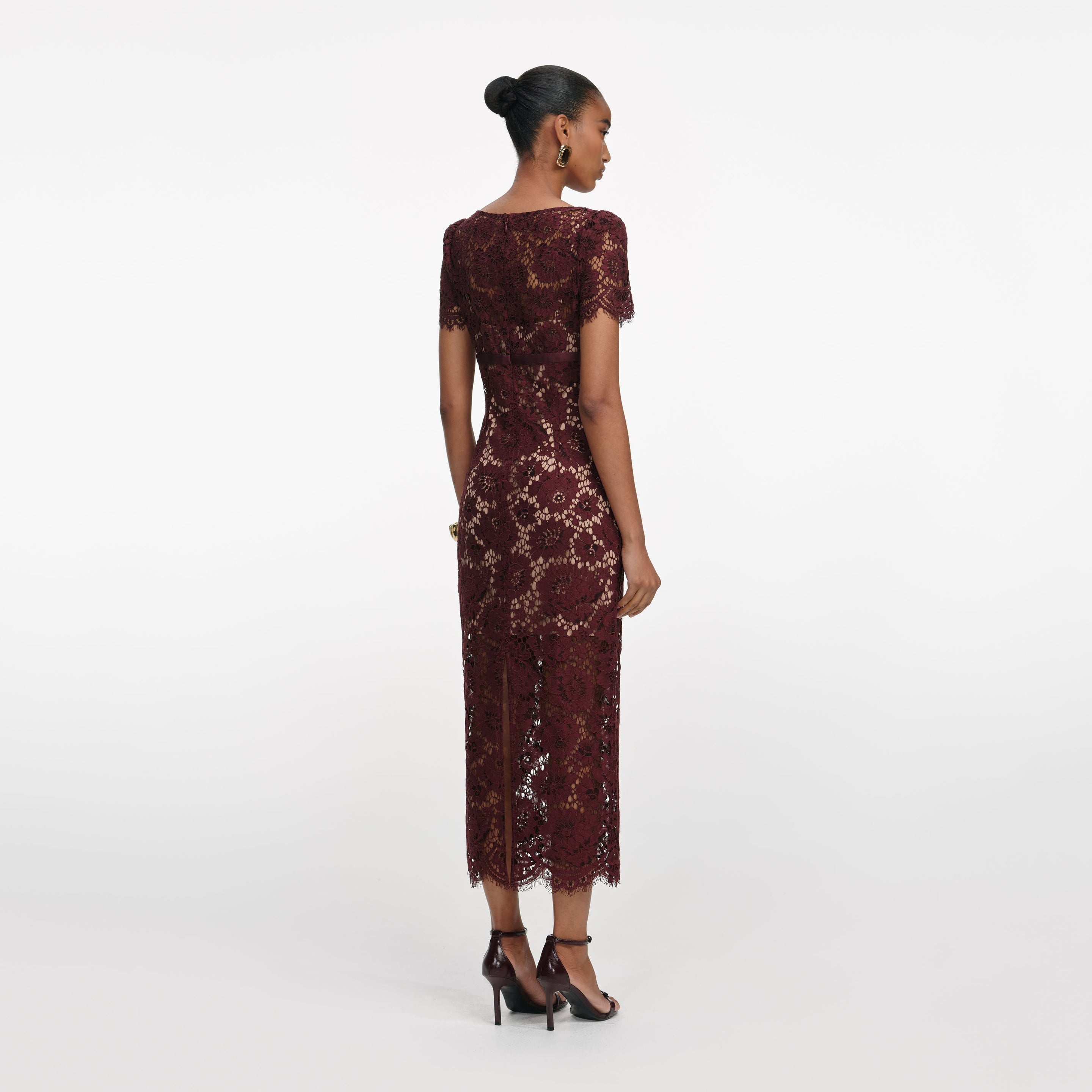 Burgundy Floral Lace Midi Dress - 3