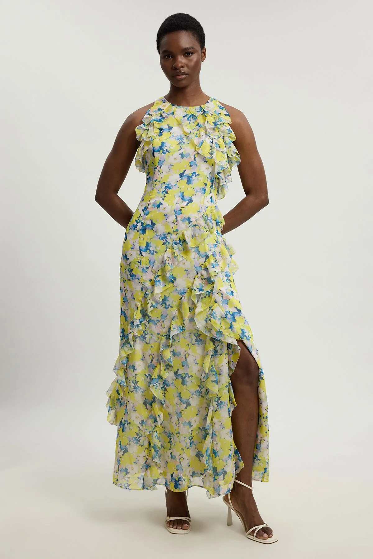 karen millen green floral dress Green Floral Pleat Detail Woven Maxi Dress