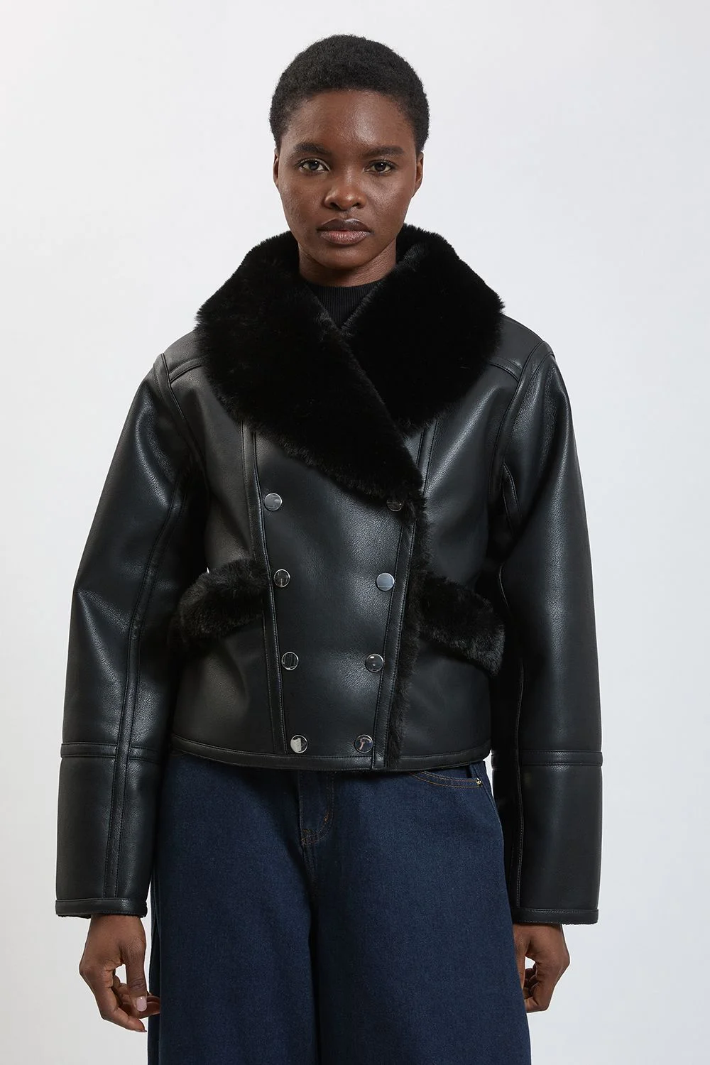 Faux Leather And Faux Fur Short Coat - 1