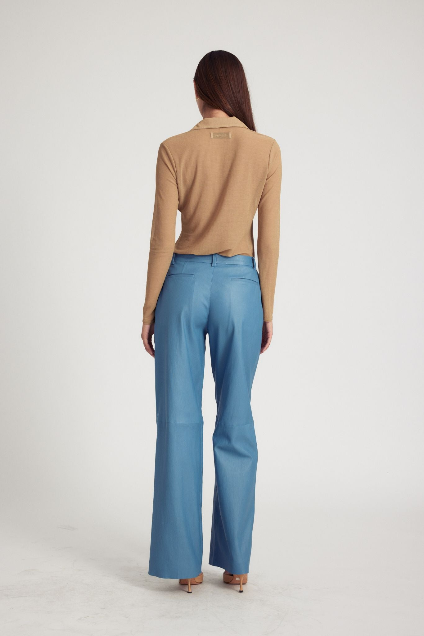 CHAMBRAY BLUE LEATHER PLEATED TROUSERS - 6