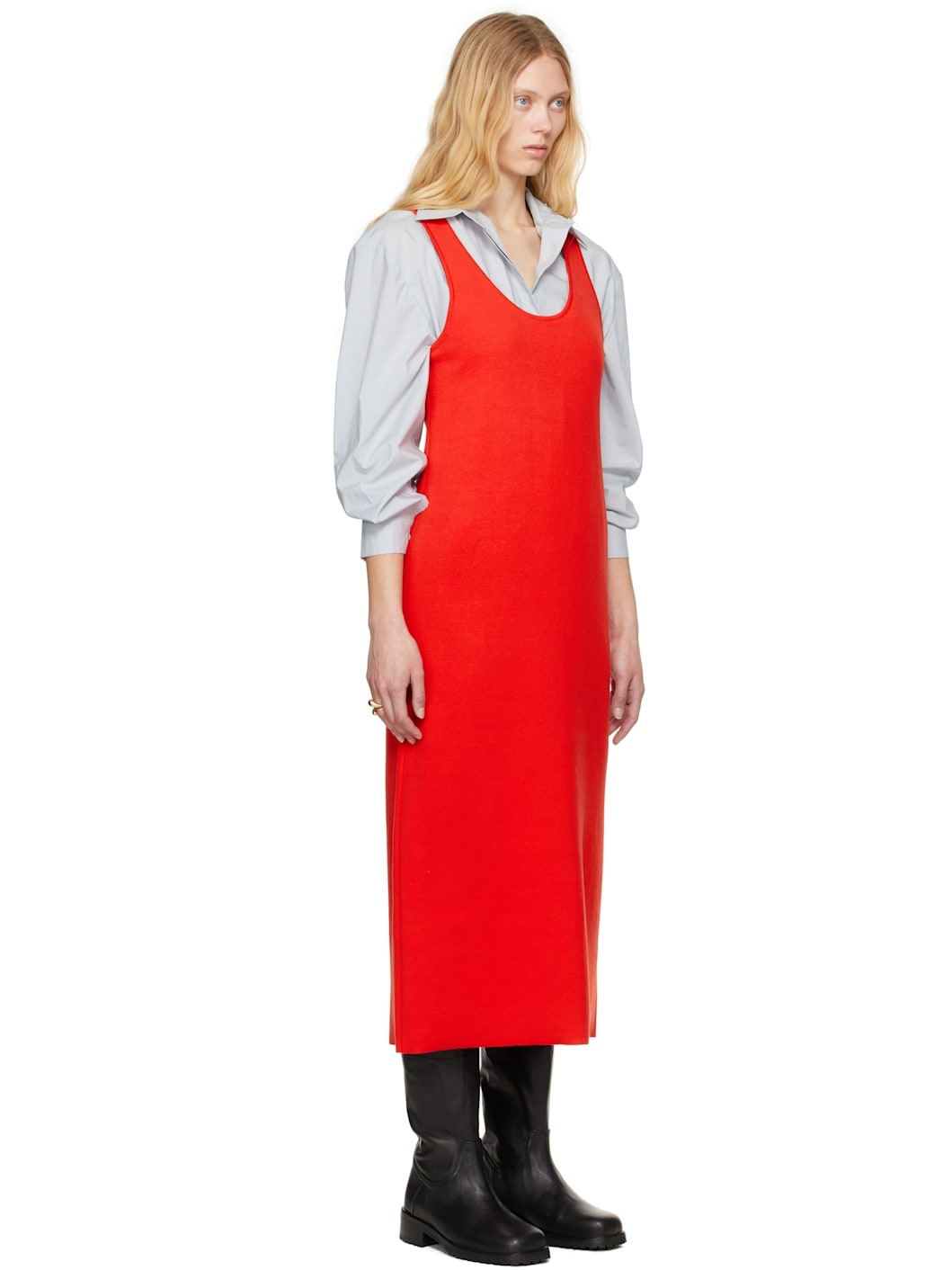 Red Cotton Silk Stretch Knit Midi Dress - 2