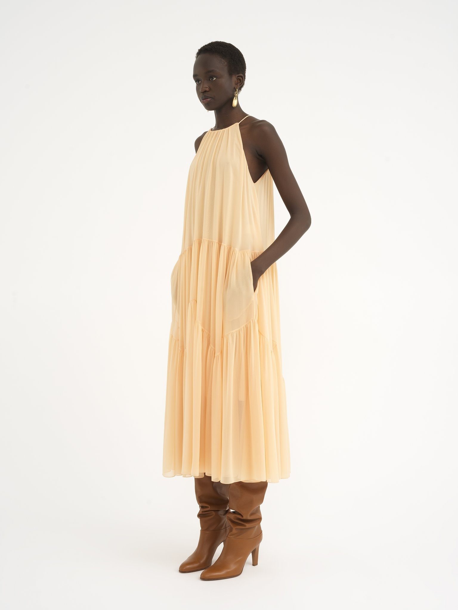 LONG GATHERED SUN DRESS IN SILK GEORGETTE - 4