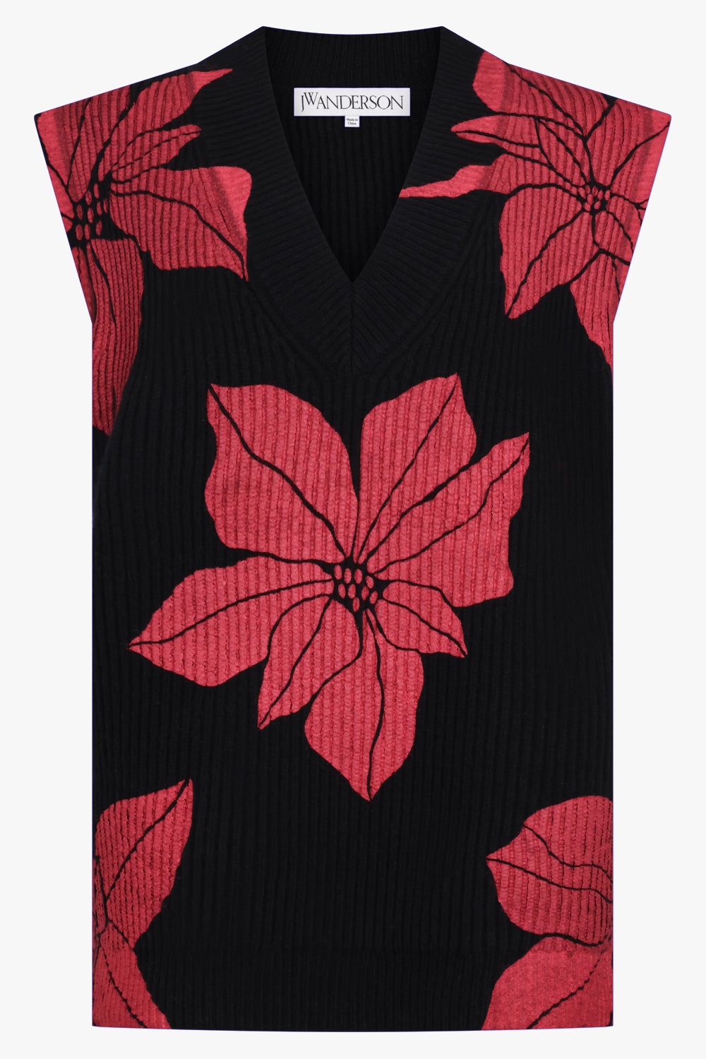 FLORAL PRINT V-NECK VEST KNIT | BLACK/RED - 1