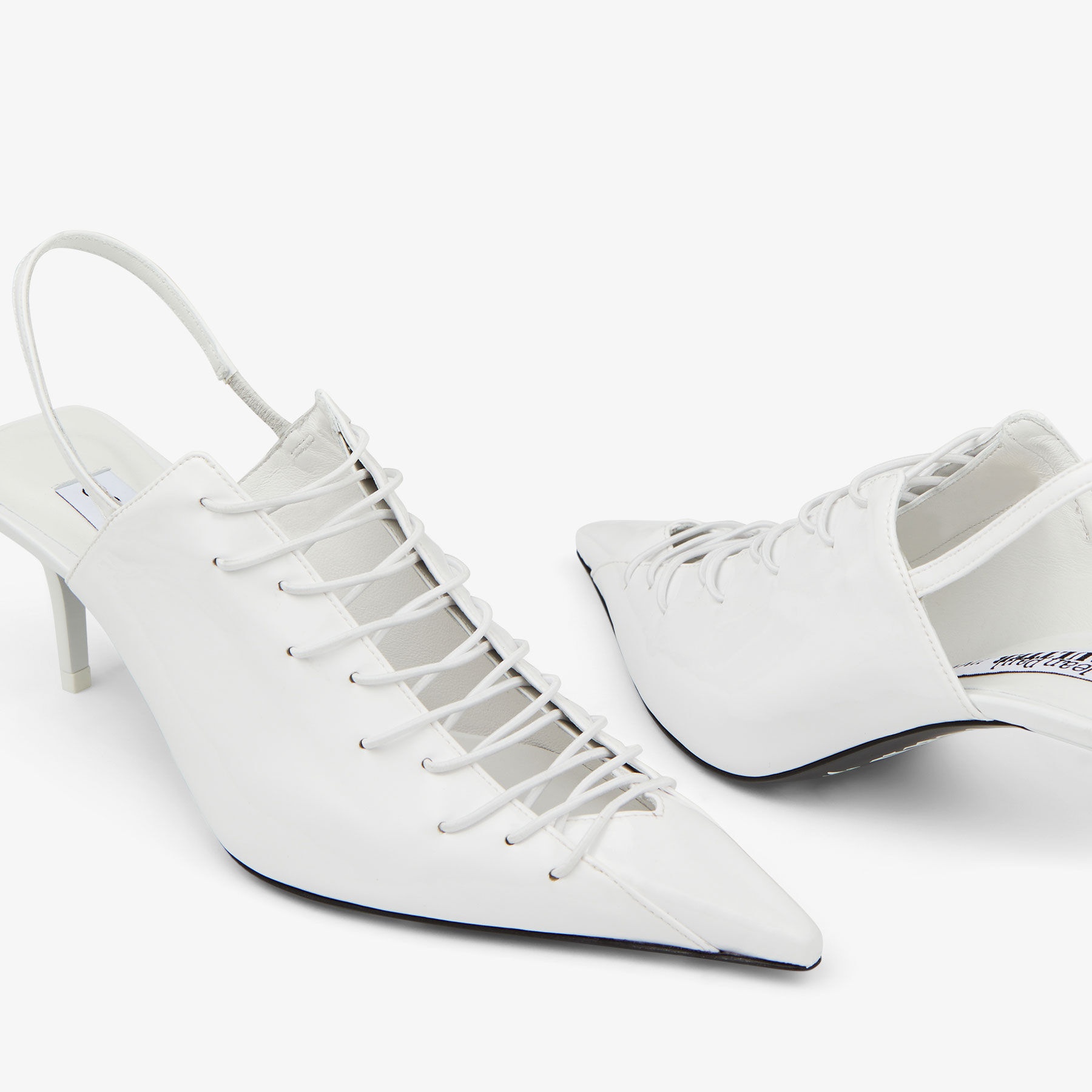 Jimmy Choo / Jean Paul Gaultier Sling Back 60
Opitcal White Patent Fabric Sling Back Pumps with Lace - 4