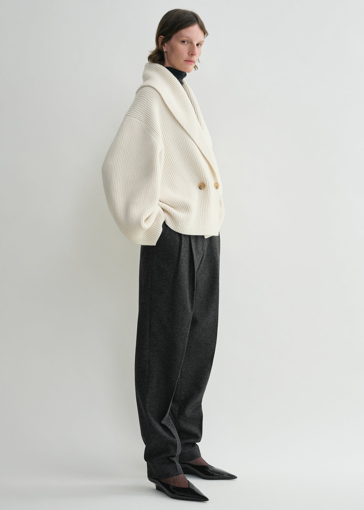 Shawl-lapel cardigan milk - 3
