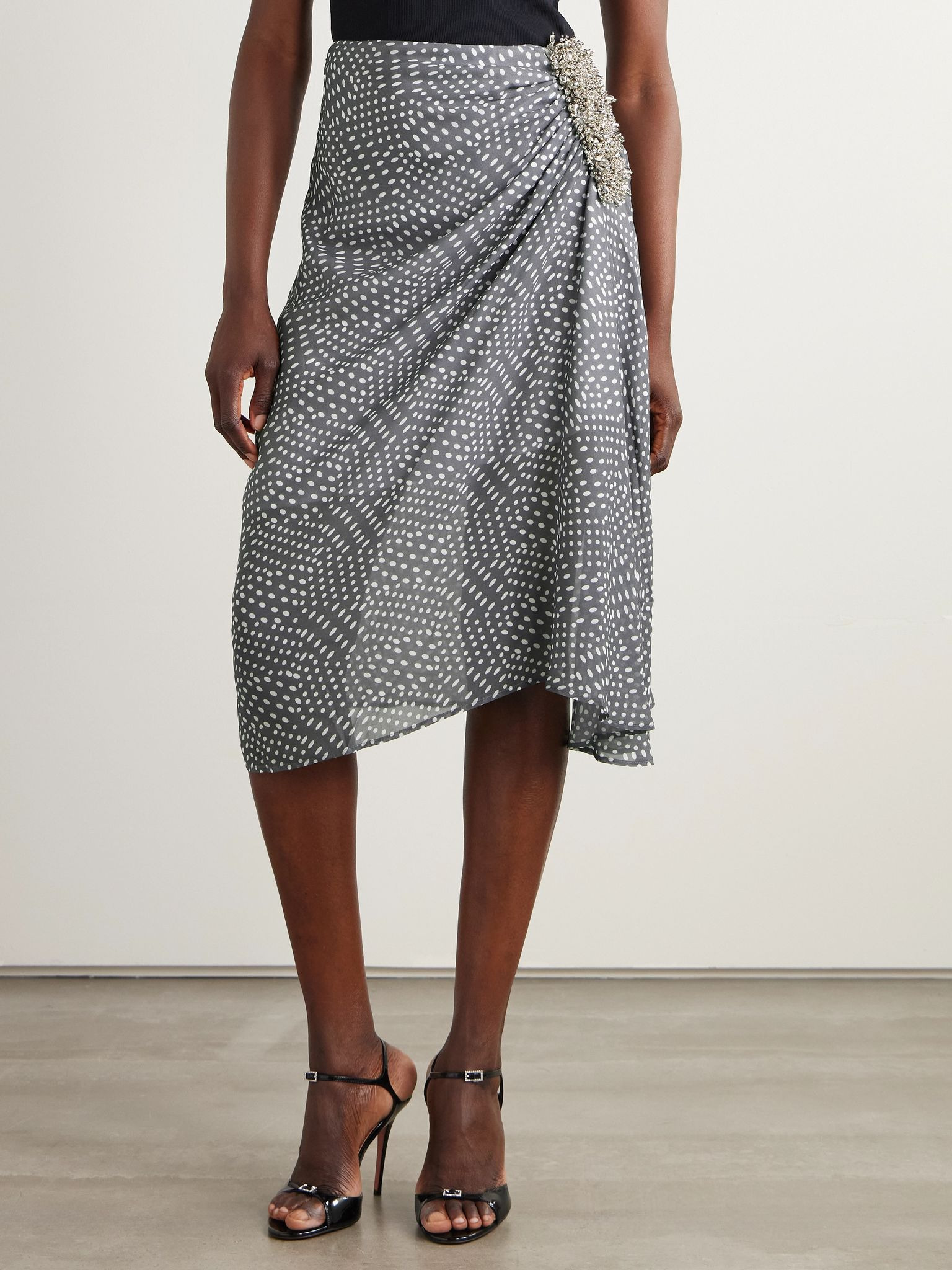 Embellished draped gathered polka-dot georgette skirt Gray - 3
