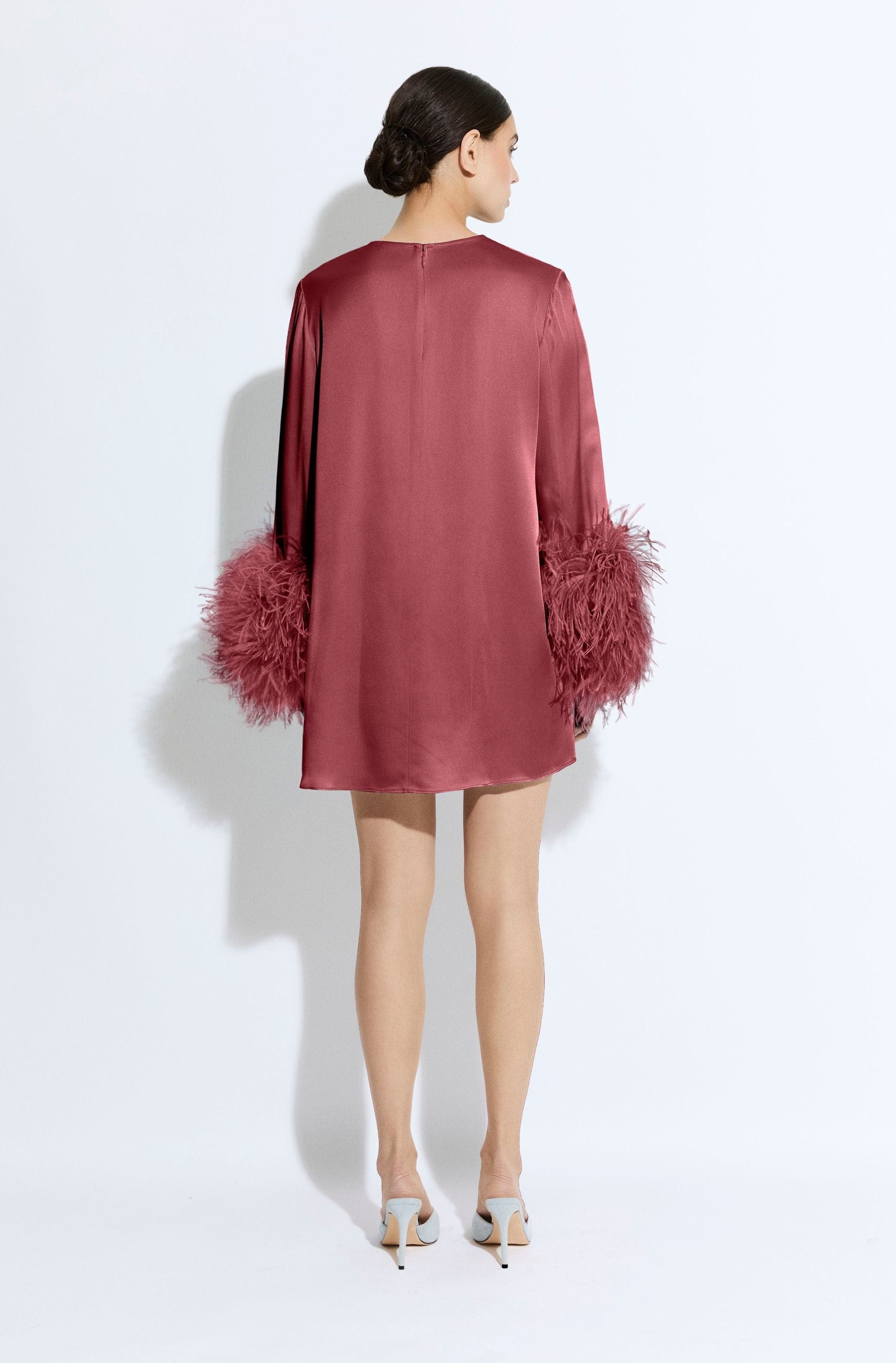 Satin Shift Dress With Feathers - 3