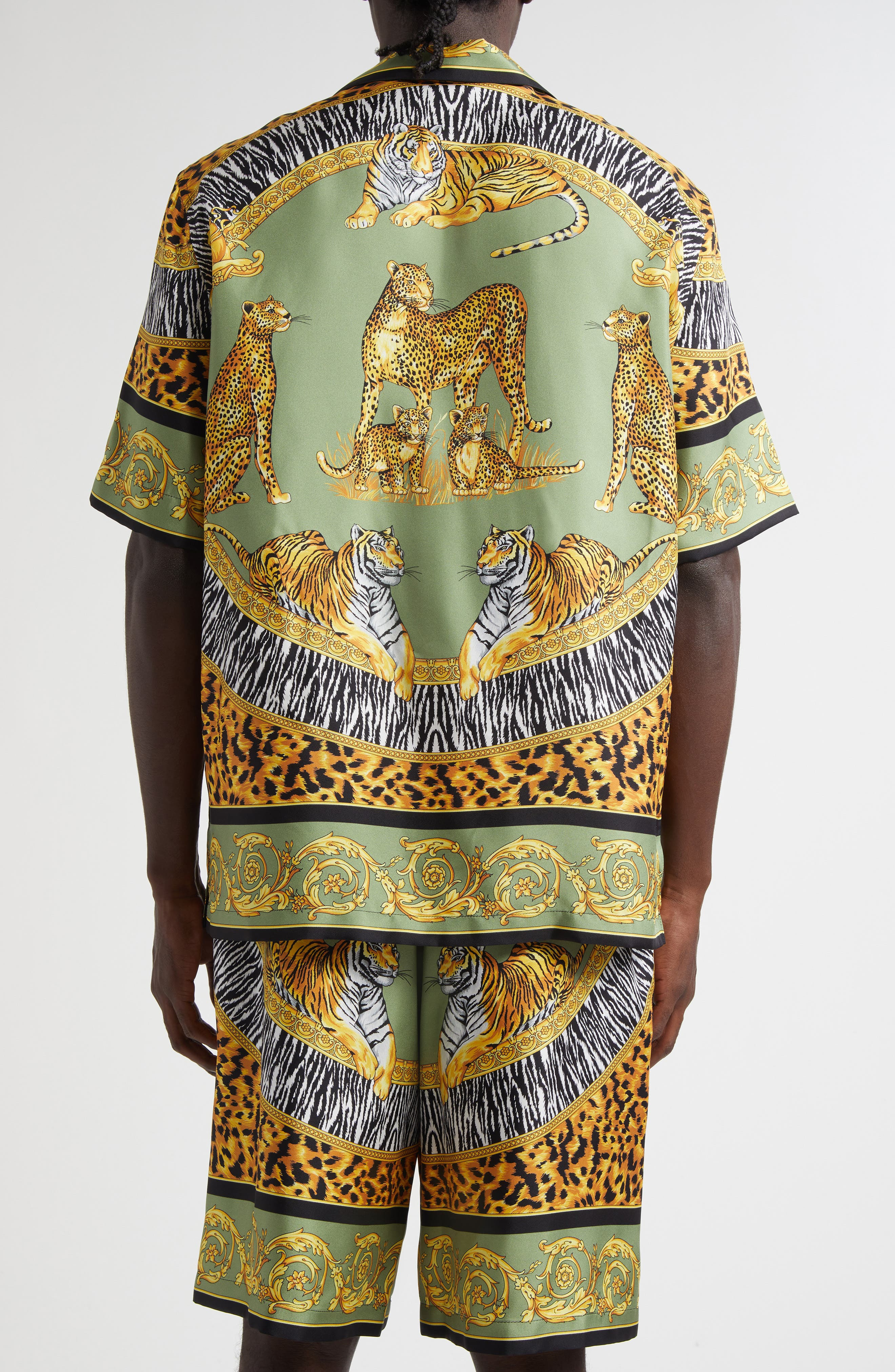 Versace Wild Cats Silk Camp Shirt in Green Black at Nordstrom - 2