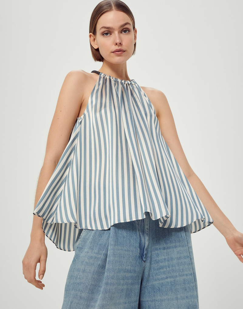 Viscose and silk striped twill top with shiny halterneck 4