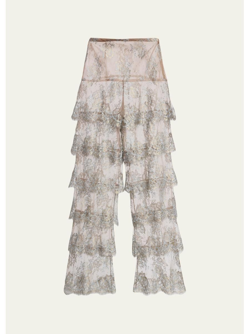 Metallic Lace Ruffle Straight-Leg Pants 1