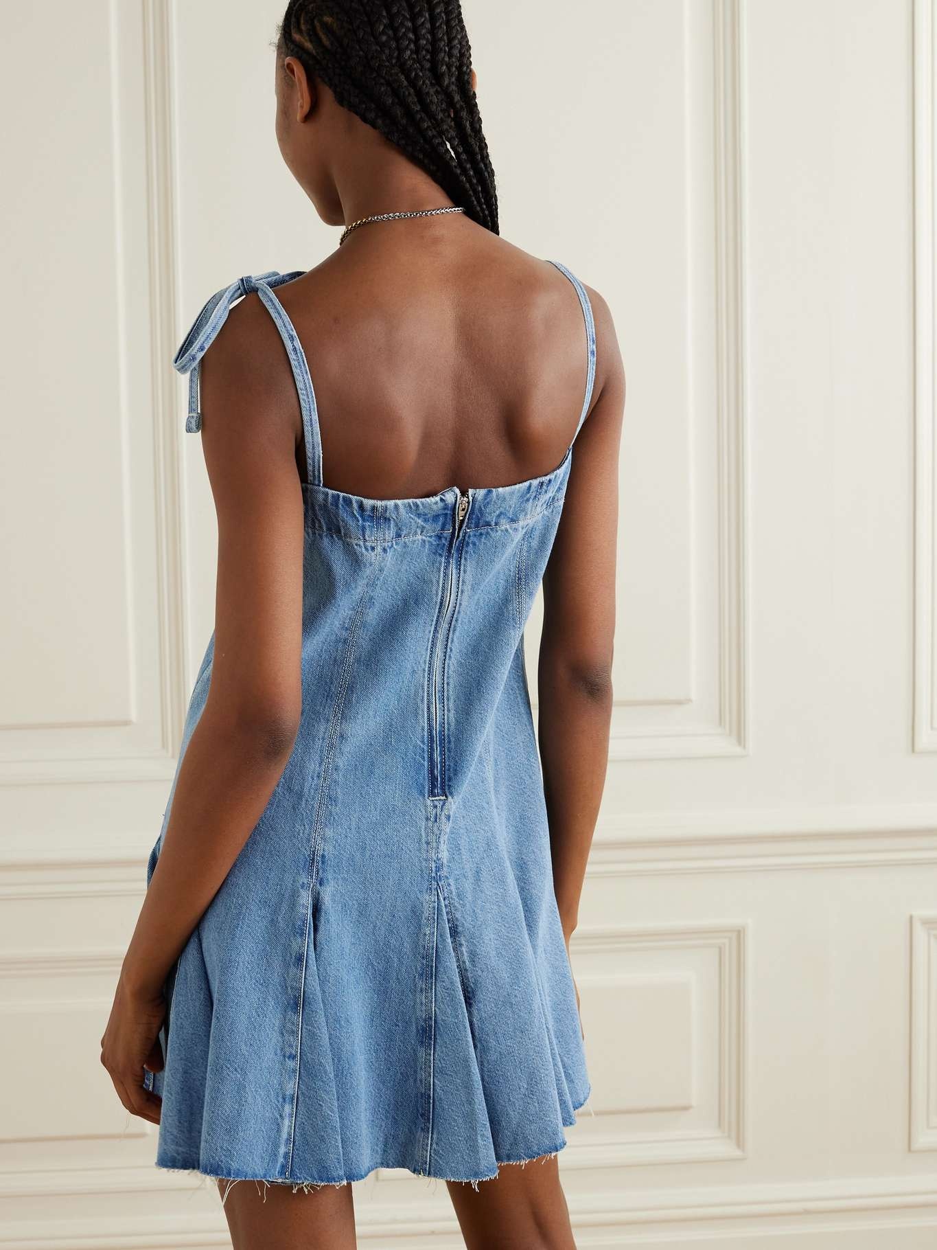 Flounce pleated lace-up denim mini dress - 3