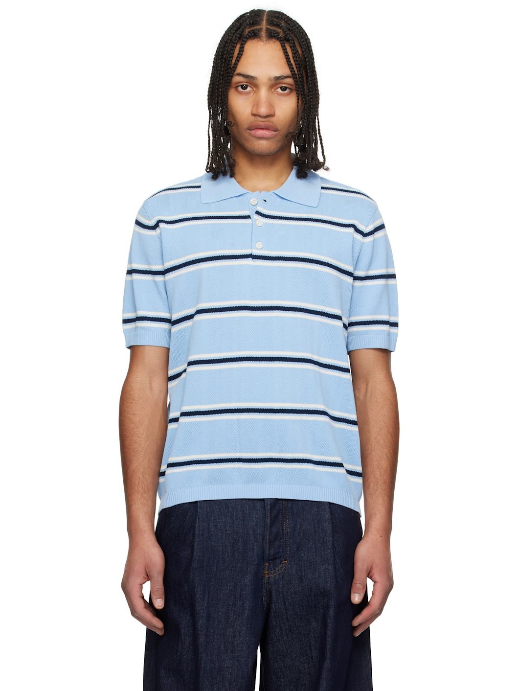 Blue Striped Knit Polo - 1