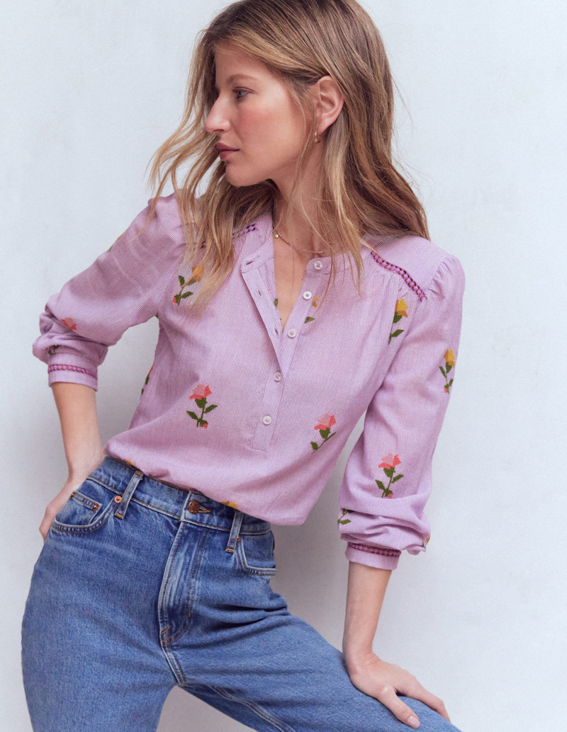 Embroidered Trim Interest Top-Purple Stripe Embroidery 5