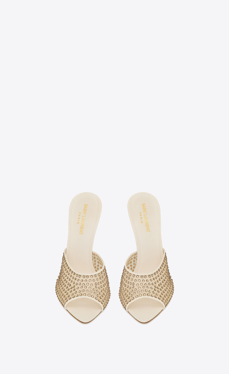 SAINT LAURENT blonde mules in rhinestones mesh outlook