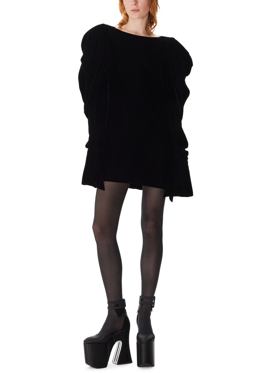 Mini Velvet Dress With Puff Sleeves - 2