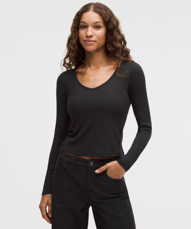 Hold Tight Micro-Rib V-Neck Long-Sleeve Shirt 1