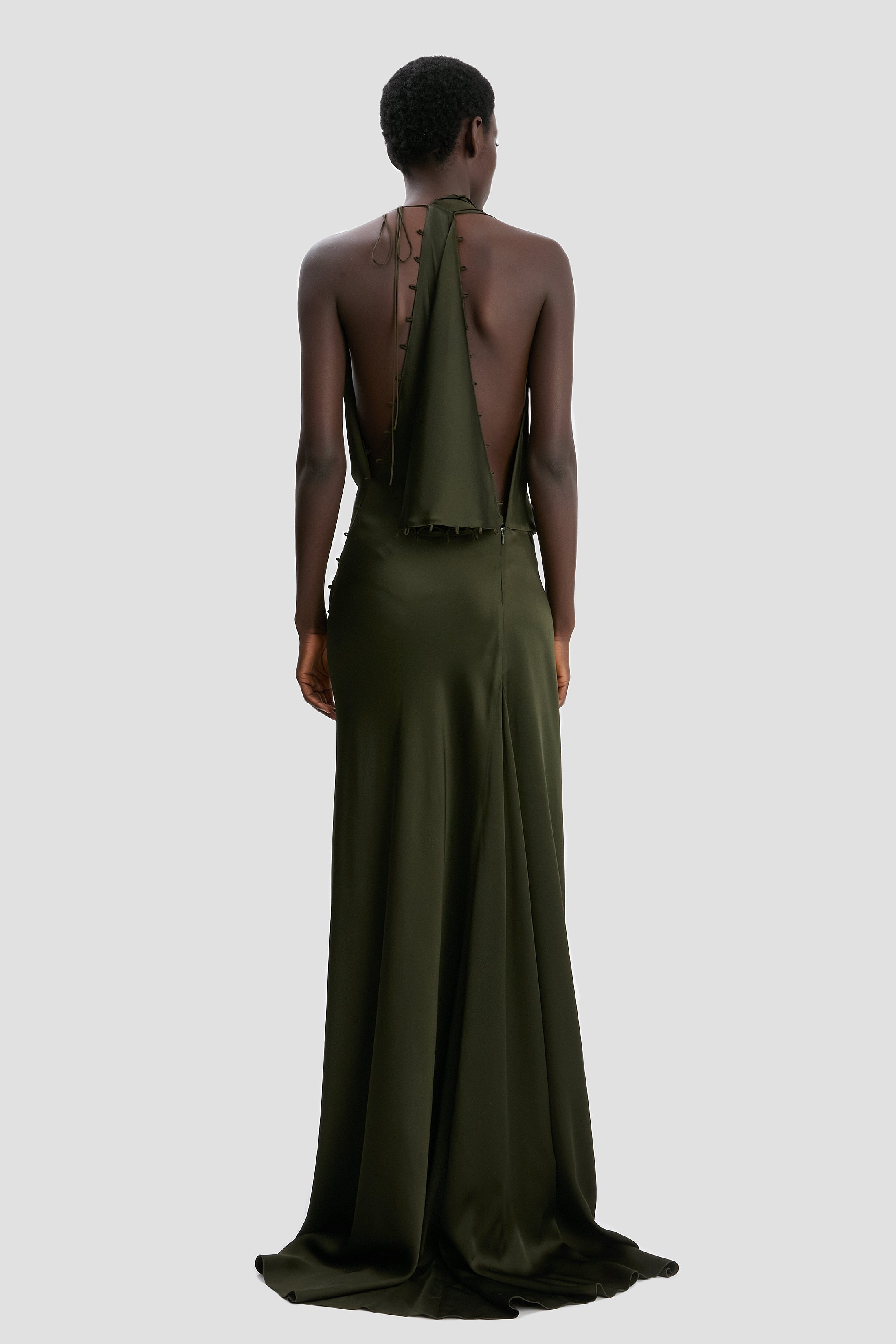 Rouleaux Detail Sleeveless Gown In Dark Olive - 5