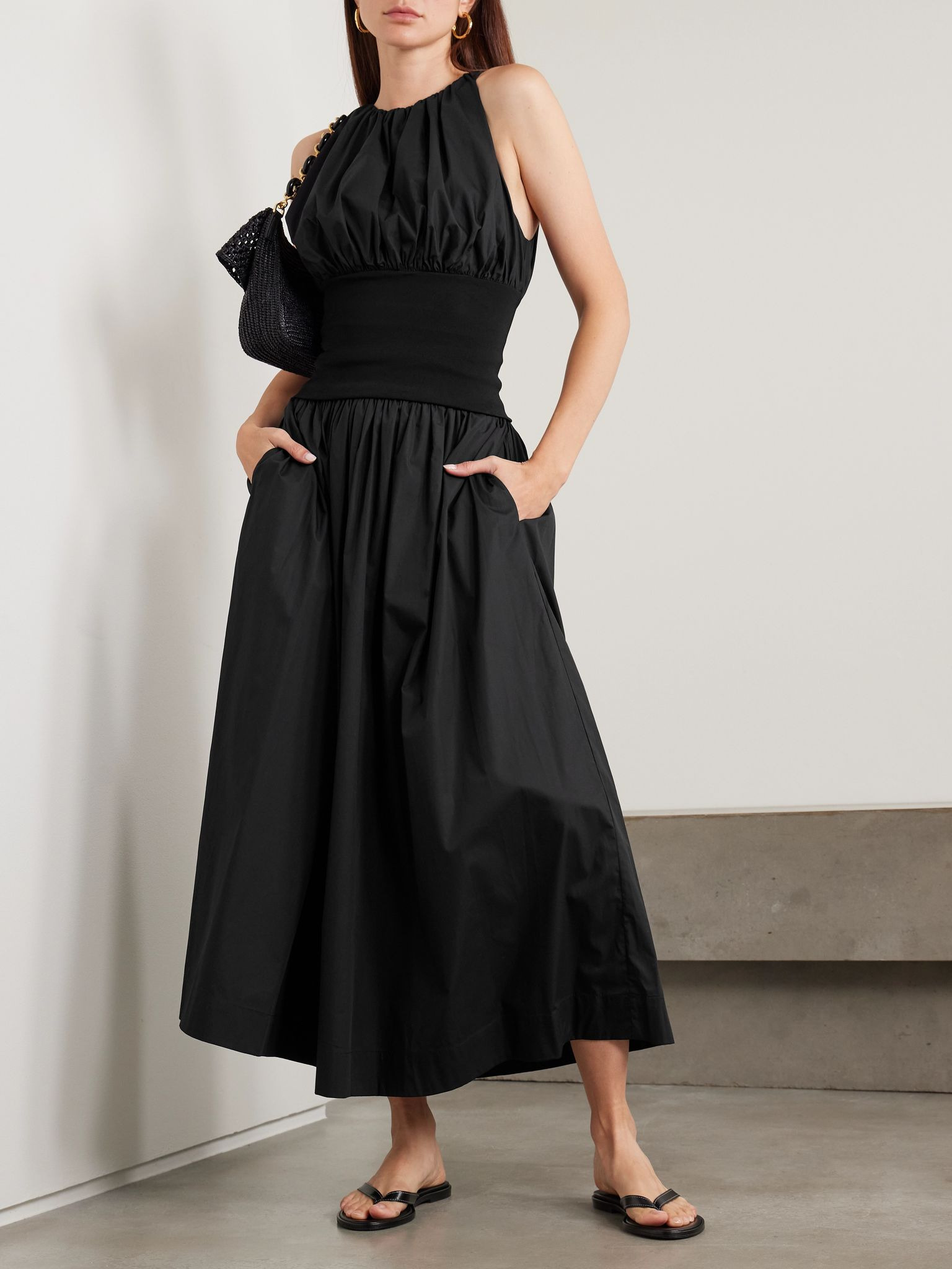 Cropped gathered organic cotton-poplin and stretch-knit top Black - 2