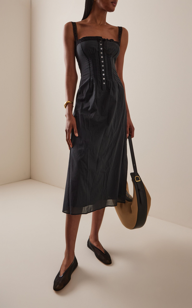 STAUD Matilde Lace-Trimmed Cotton Midi Dress black outlook