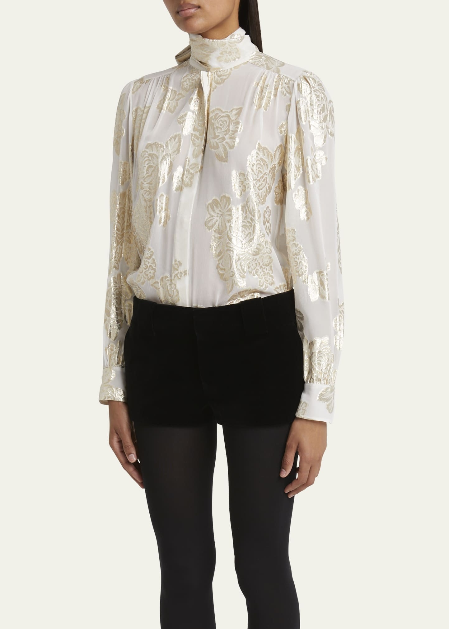Metallic Floral Silk Scarf-Neck Top - 4