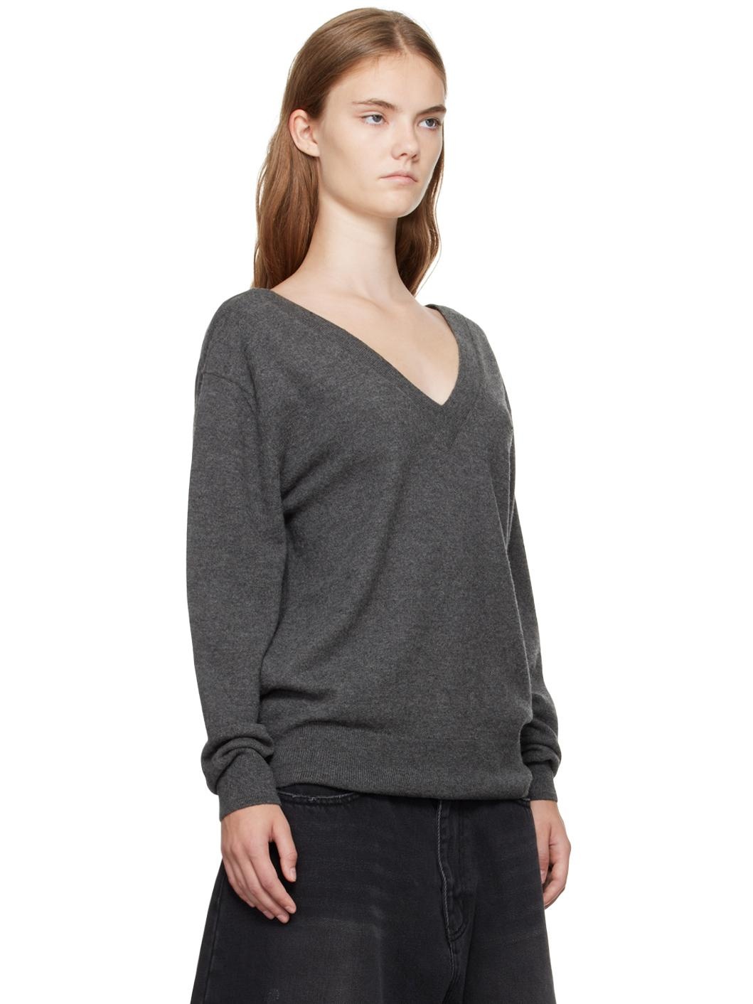 Gray Deep V-Neck Sweater - 2