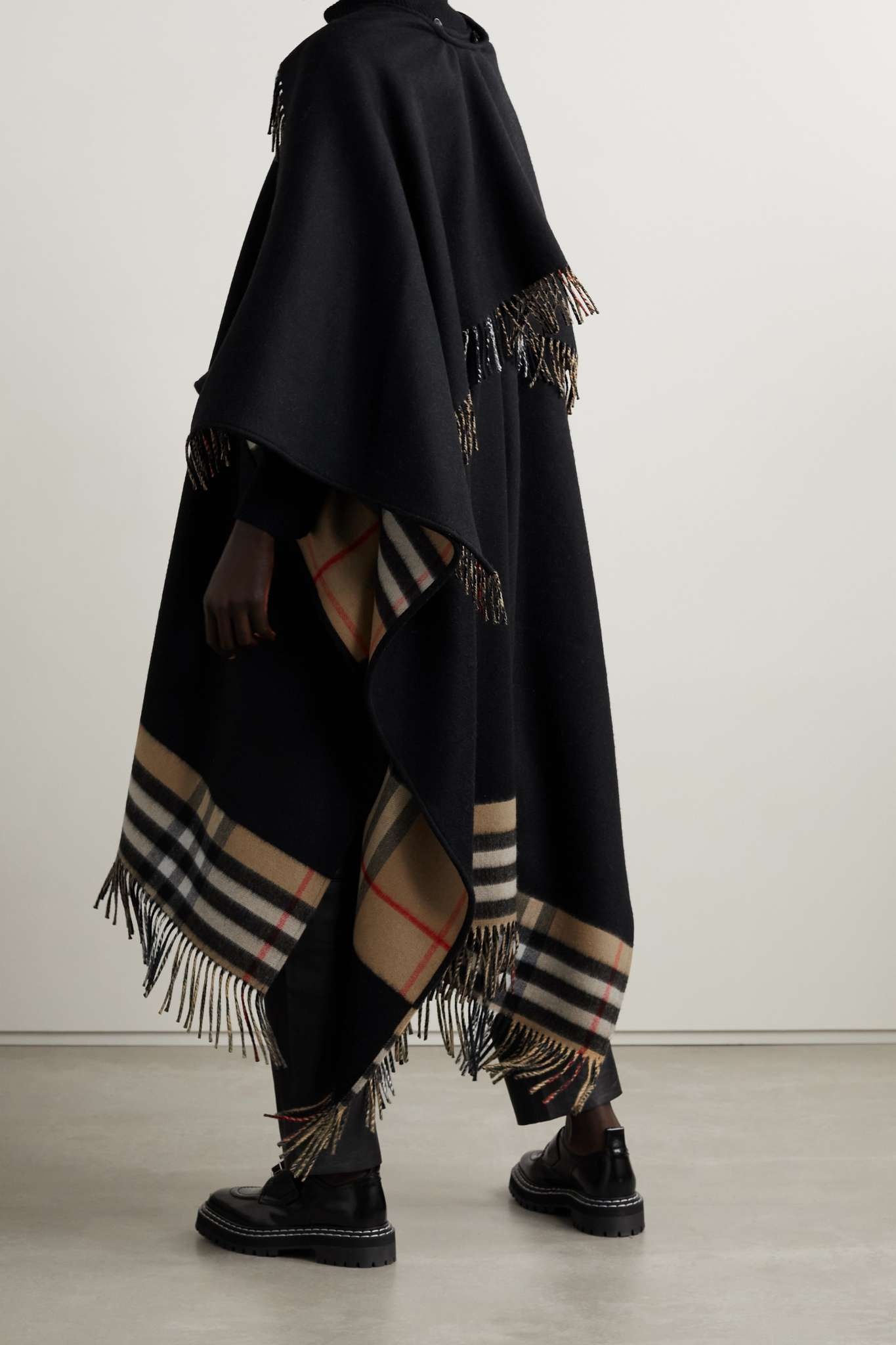 Fringed checked cashmere and merino wool-blend cape - 3