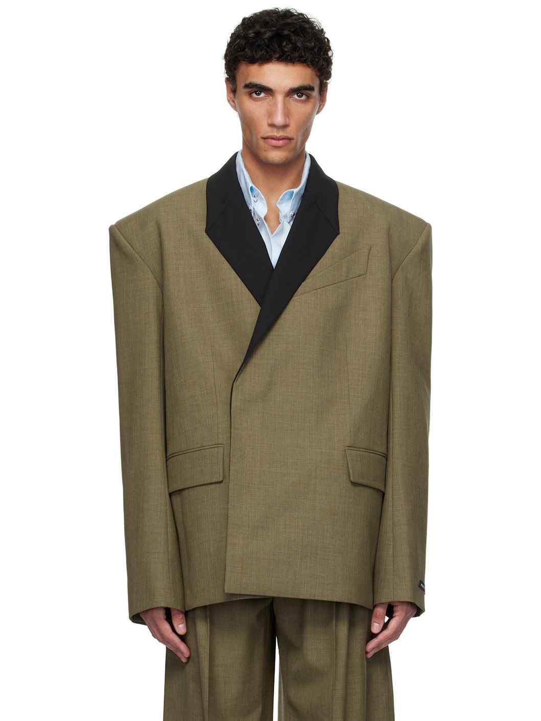 Khaki Contrasted Collar Tailored Blazer - 1