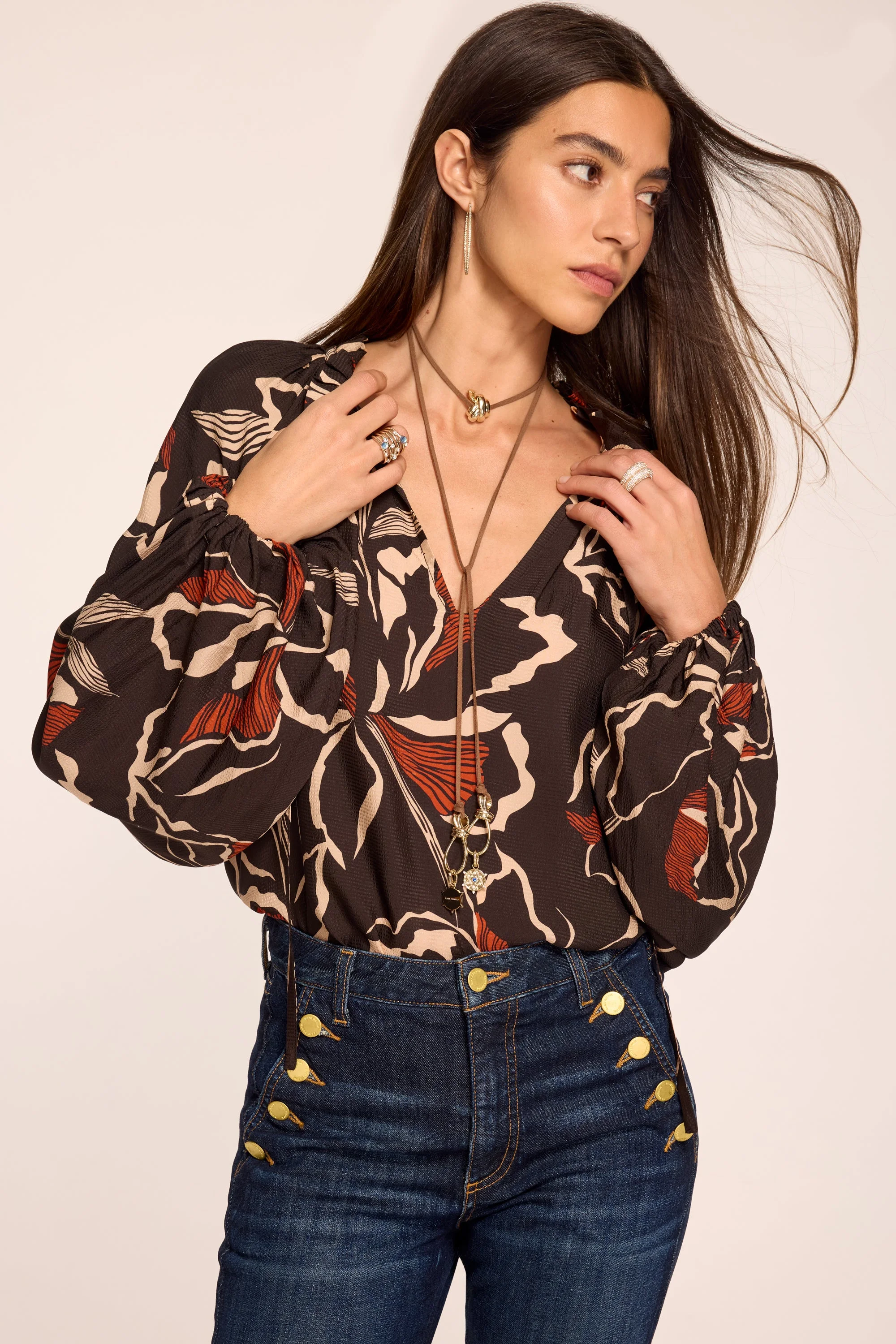 Aaron Printed V-Neck Top Designer Luxury Blouse - 1