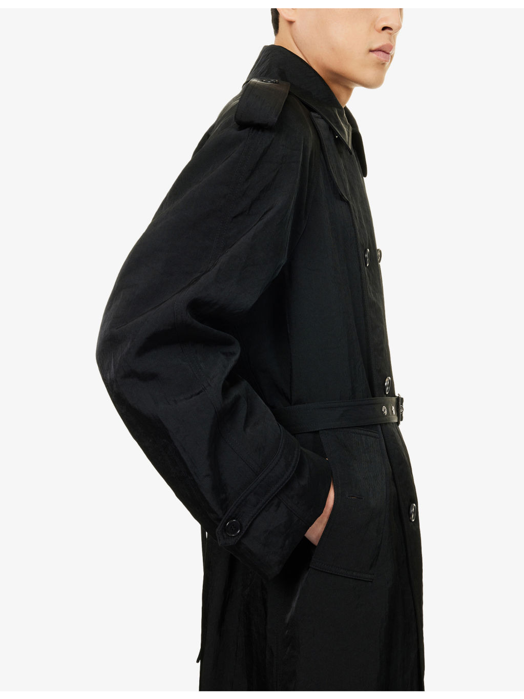 Double-Breasted Belted Woven Trench Coat - 5
