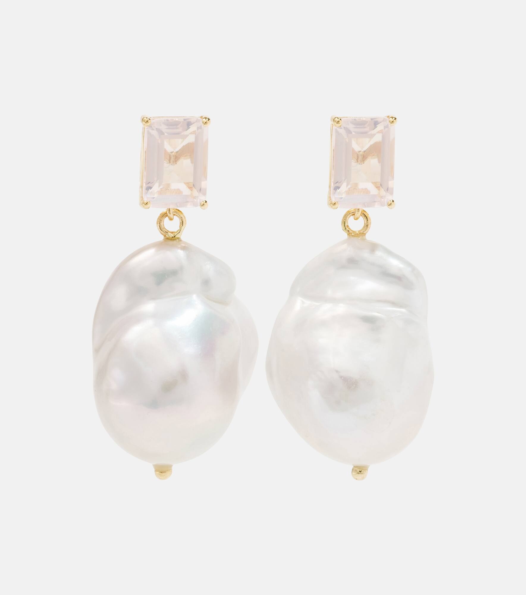 14kt gold drop earrings with rose quartz and Baroque pearls - 1