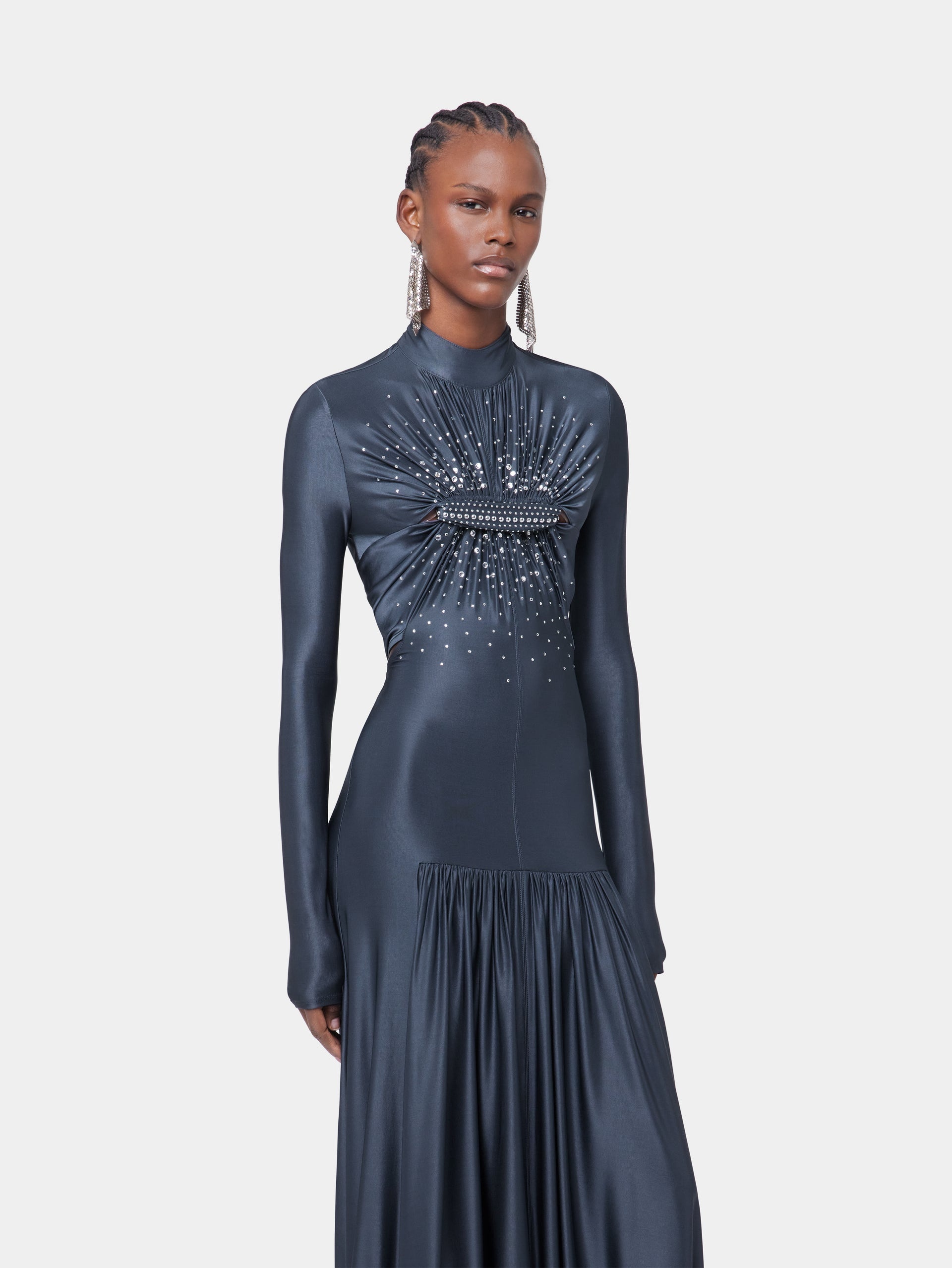 LONG SLATE EMBROIDERED DRESS IN JERSEY - 5