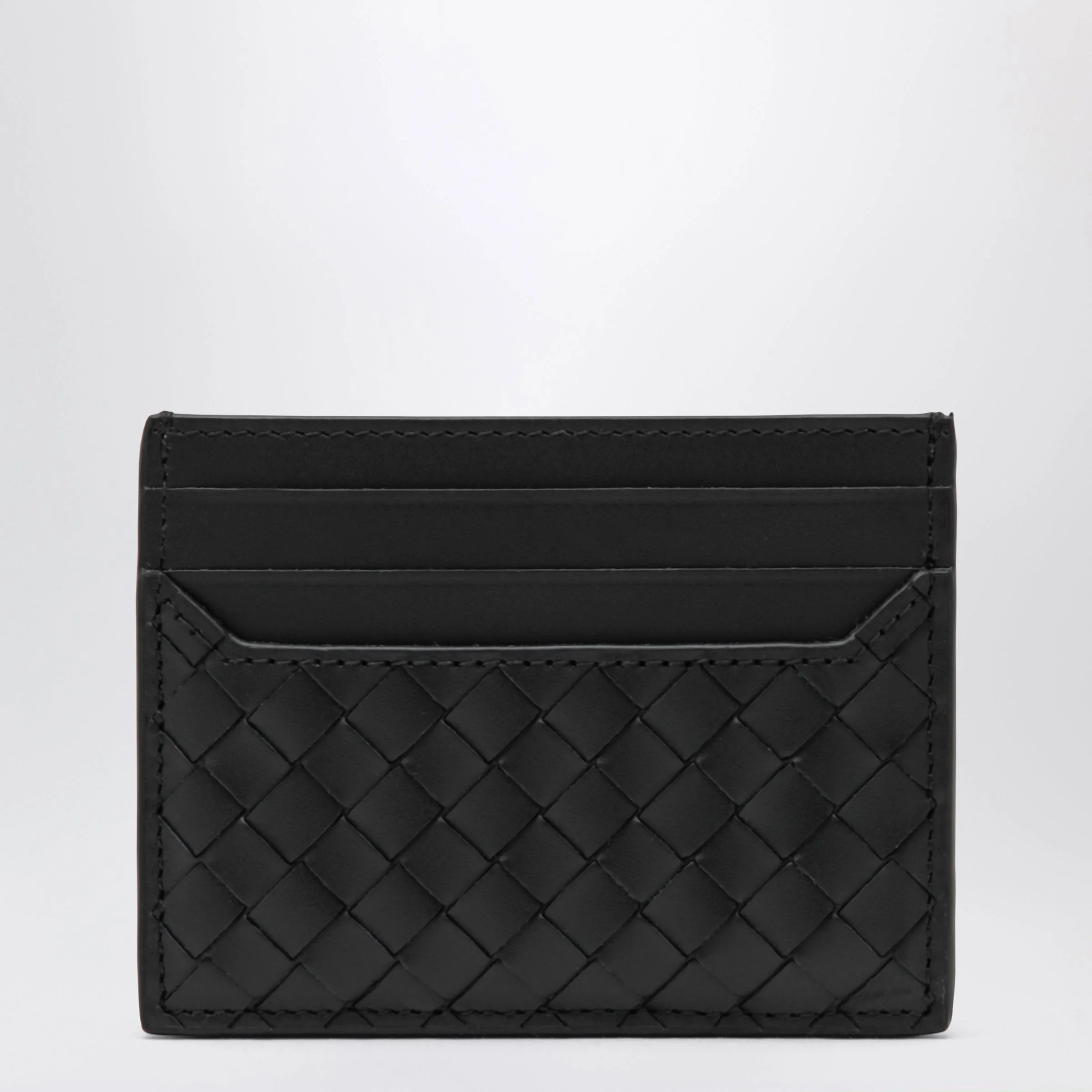 Small Intrecciato card holder in calf leather, black - 1