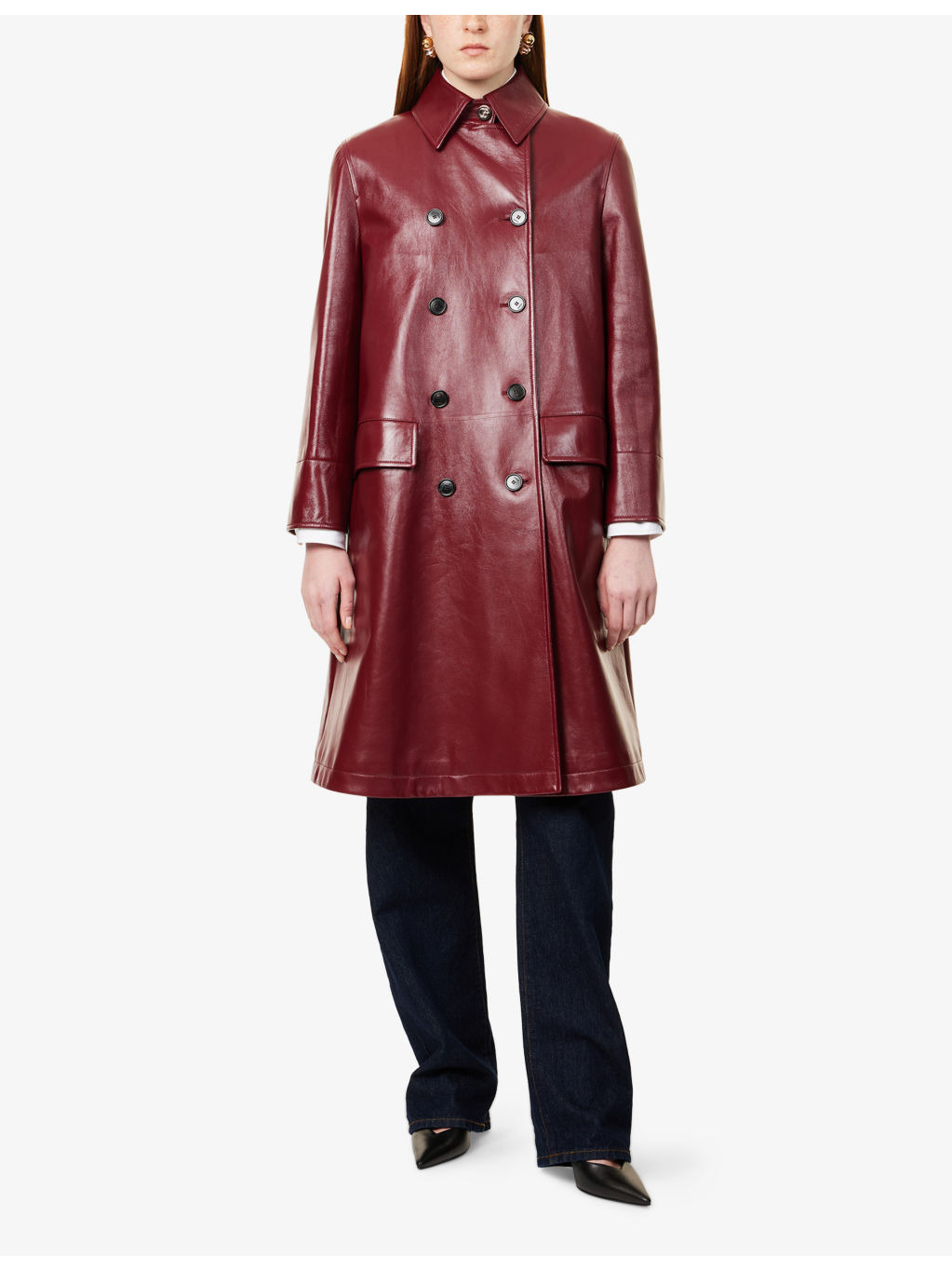Double-Breasted Two-Flap-Pockets Leather Coat - 3