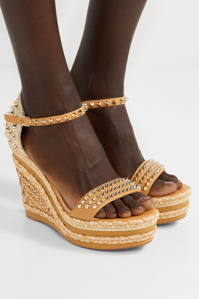 Christian Louboutin Madmonica 120 spiked raffia and leather espadrille wedge sandals outlook