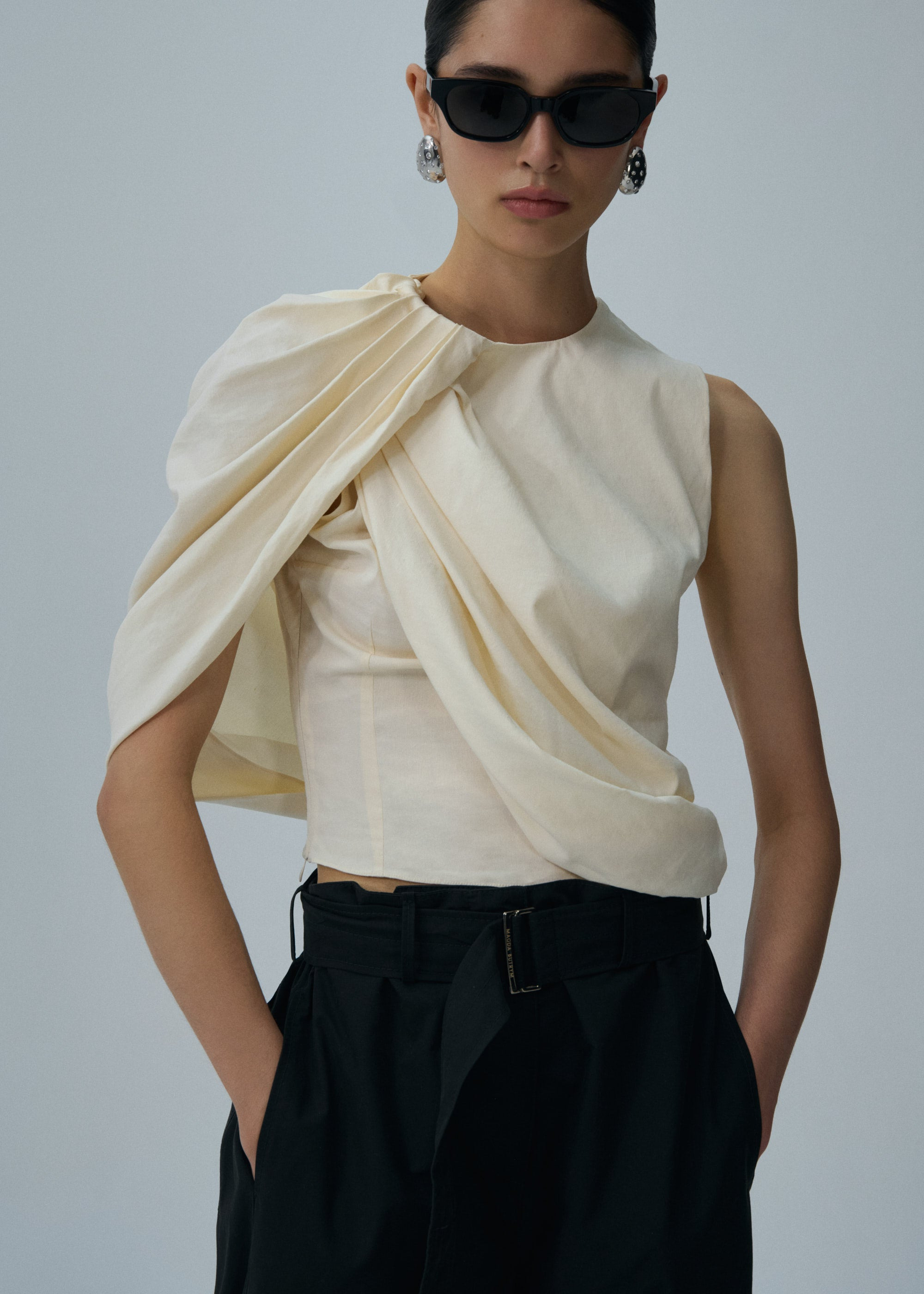 Asymmetric draped top in cream - 4