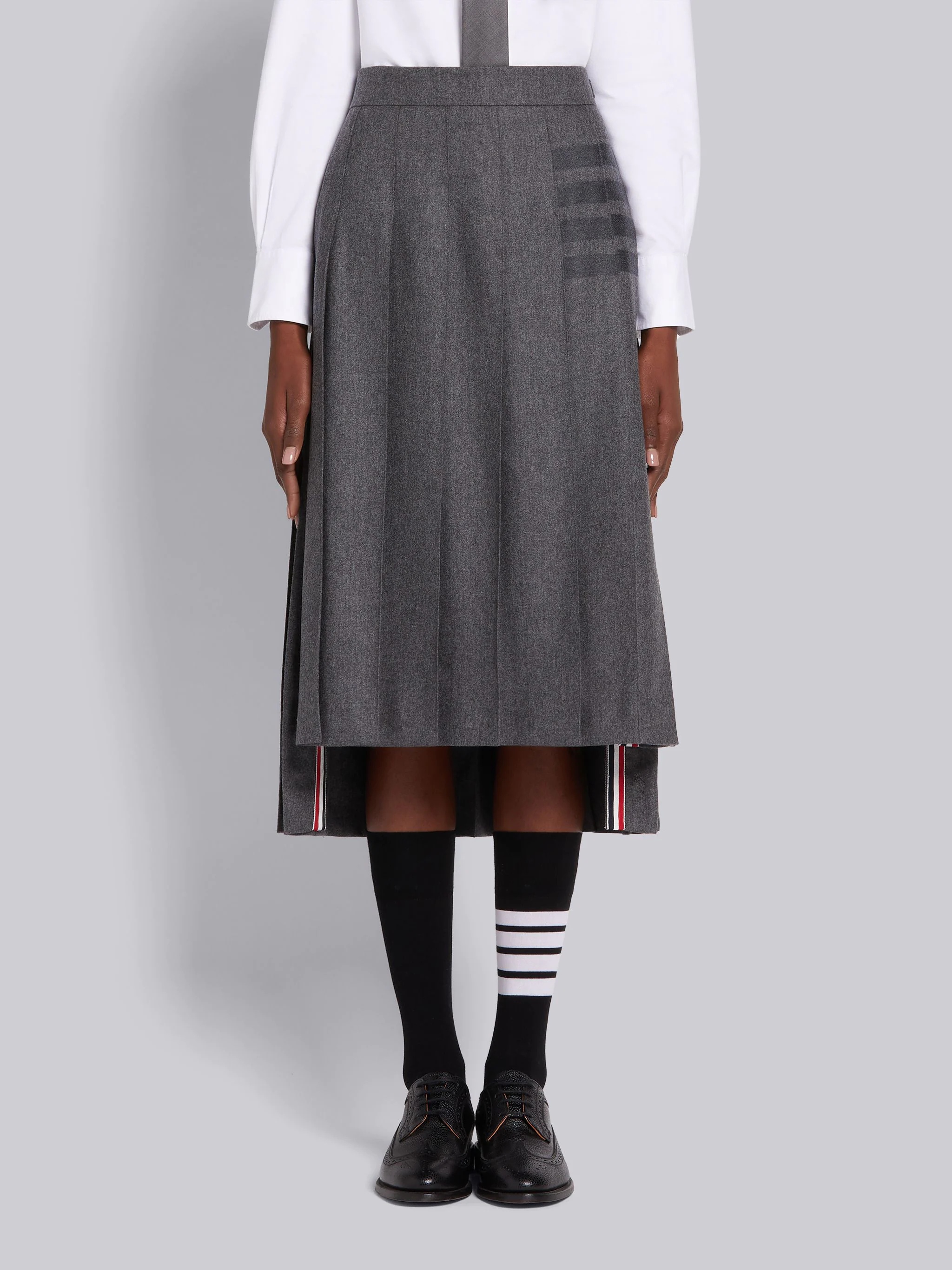 Medium Grey Wool Cashmere Flannel Below the Knee Length Pleated 4-Bar Skirt - 1