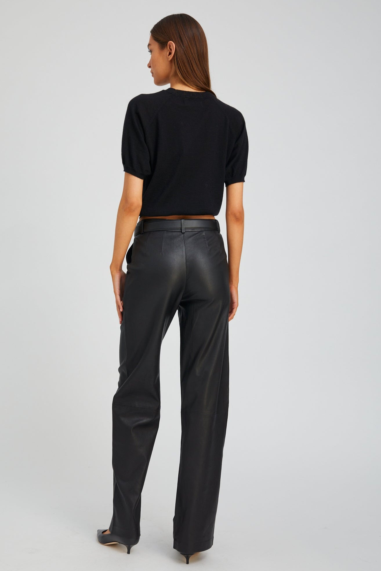 BLACK LEATHER STRAIGHT LEG PLEATED TROUSERS - 4