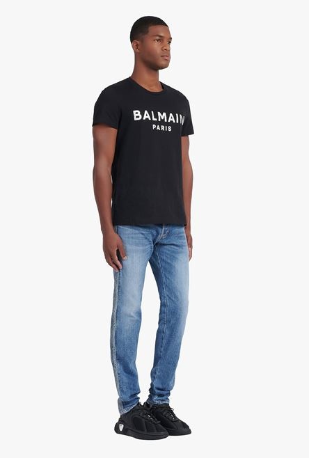 Black eco-designed cotton T-shirt with silver Balmain Paris logo print - 7