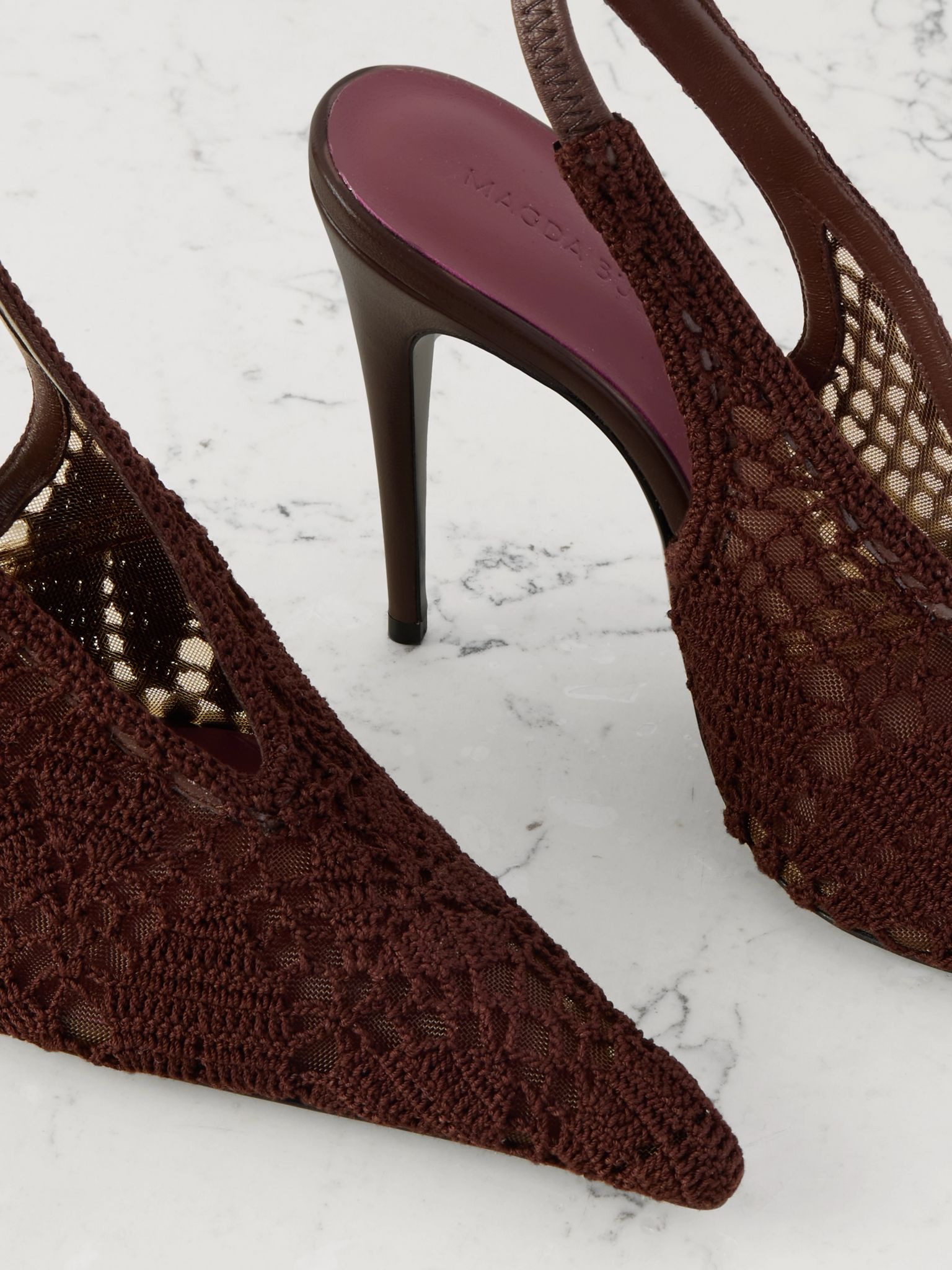 Leather-trimmed crocheted mesh slingback pumps Chocolate - 4