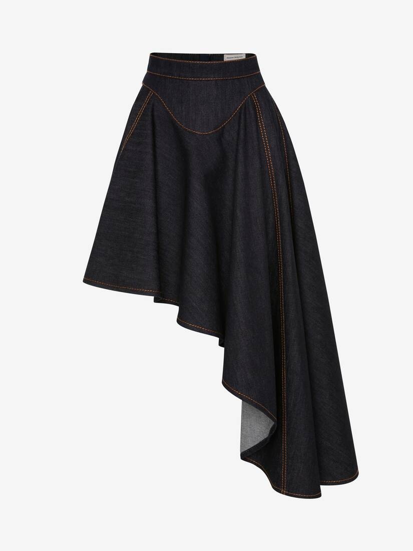 Women's Asymmetric Drape Denim Skirt in Dark Navy - 1