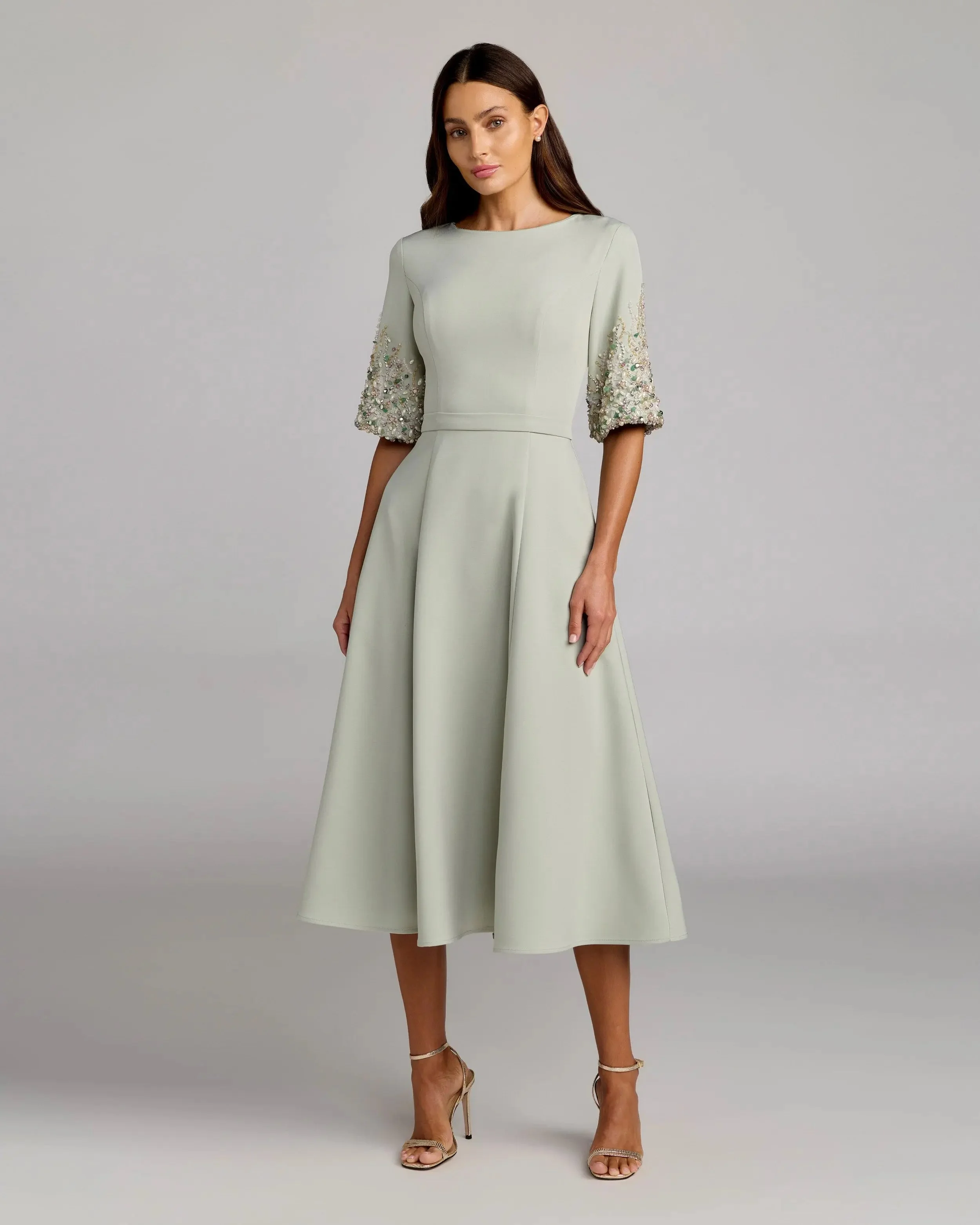 Green Crepe A Line Midi Dress With Beaded Sleeves - 1