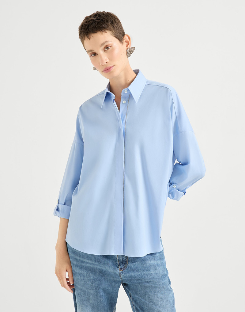 Stretch cotton poplin shirt with shiny trim 1